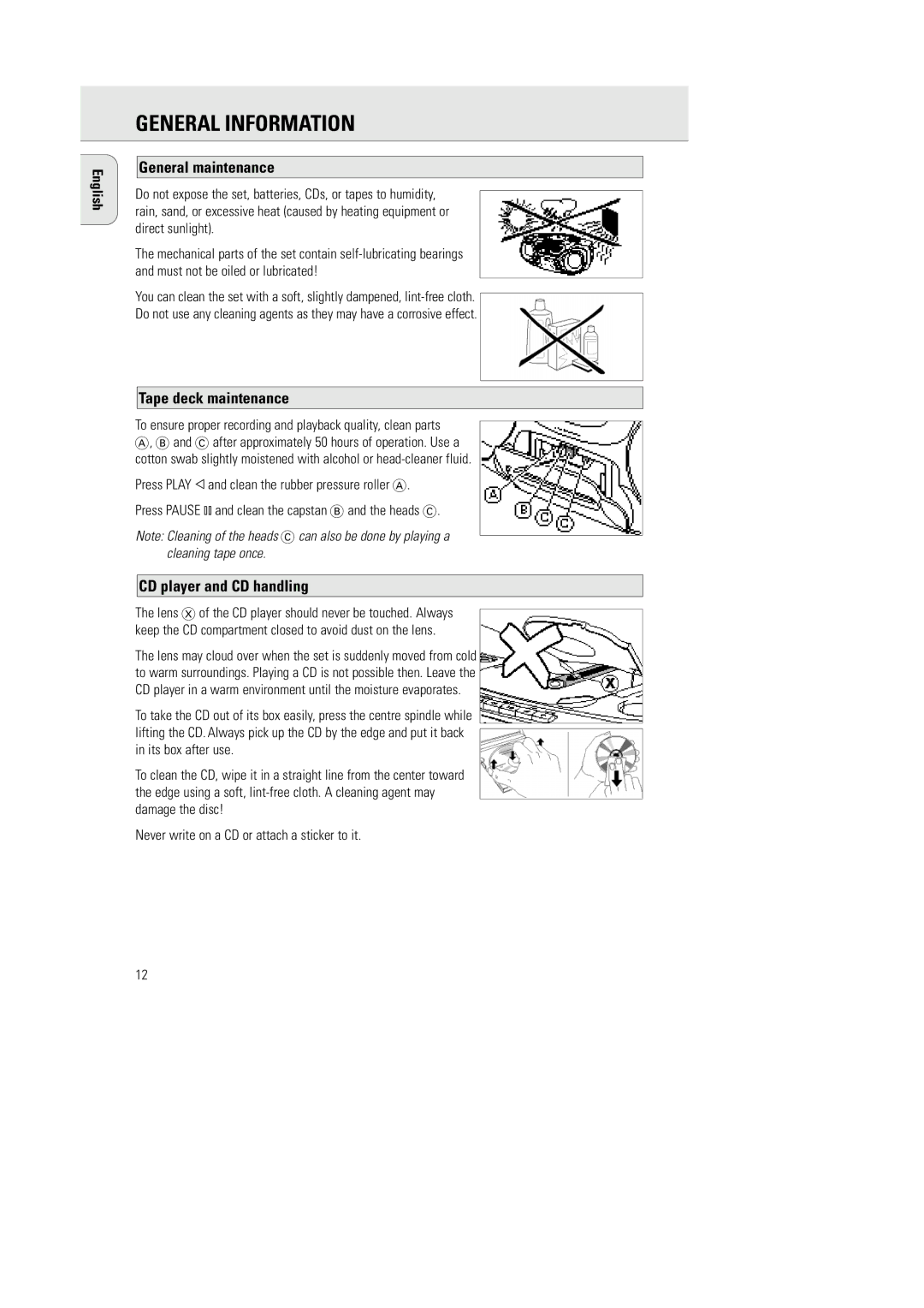 Philips AZ1030/16, AZ1030/01 General Information, General maintenance, Tape deck maintenance, CD player and CD handling 