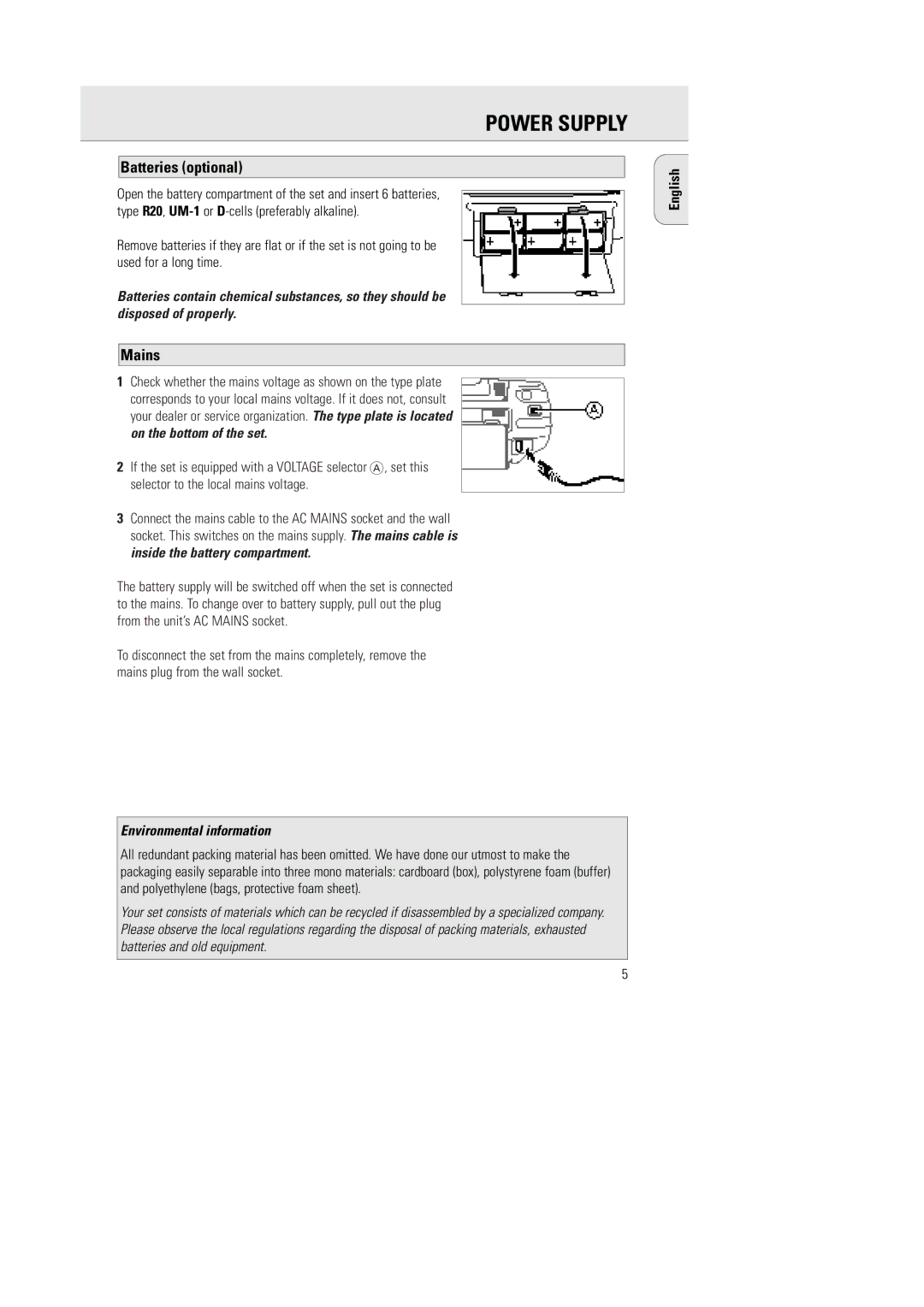 Philips AZ1030/01, AZ1030/16 manual Power Supply, Batteries optional, Mains 