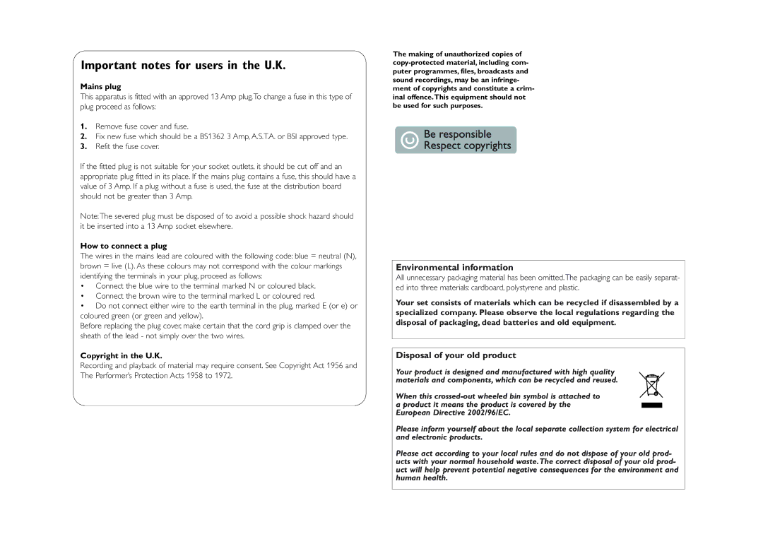 Philips AZ1032MP3-CD user manual Important notes for users in the U.K 