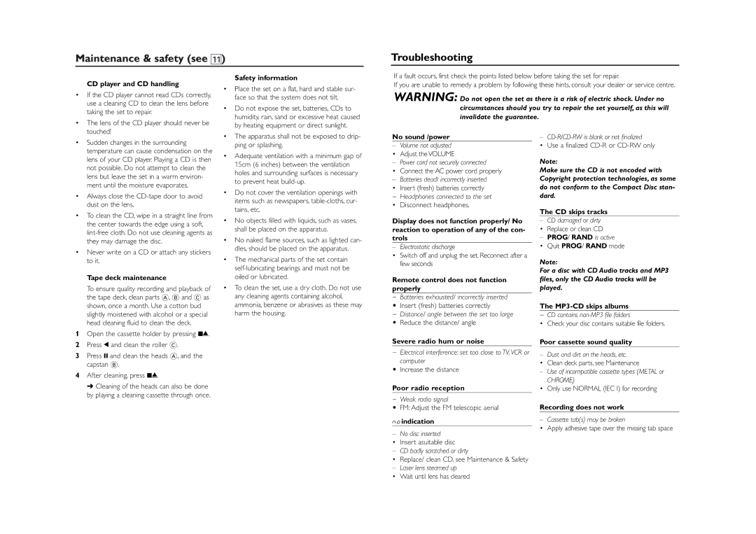 Philips AZ1032MP3-CD user manual Maintenance & safety see Troubleshooting 