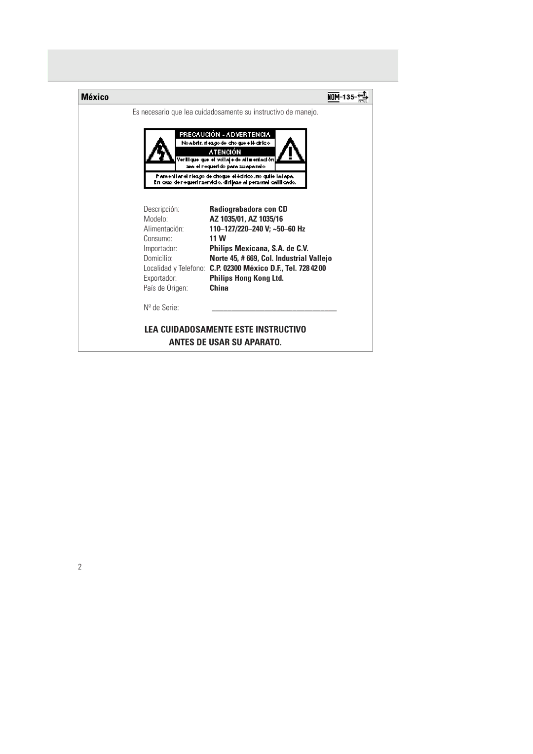 Philips AZ1035/16, AZ1035/01 manual México, Exportador País de Origen China Nº de Serie 