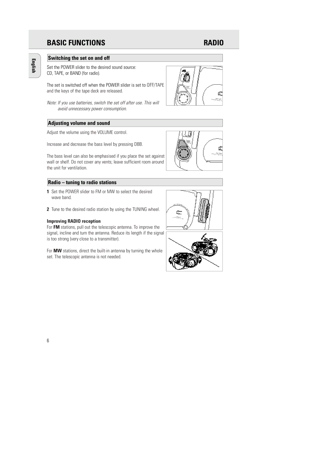 Philips AZ1035/16 Basic Functions, Switching the set on and off, Adjusting volume and sound, Improving Radio reception 