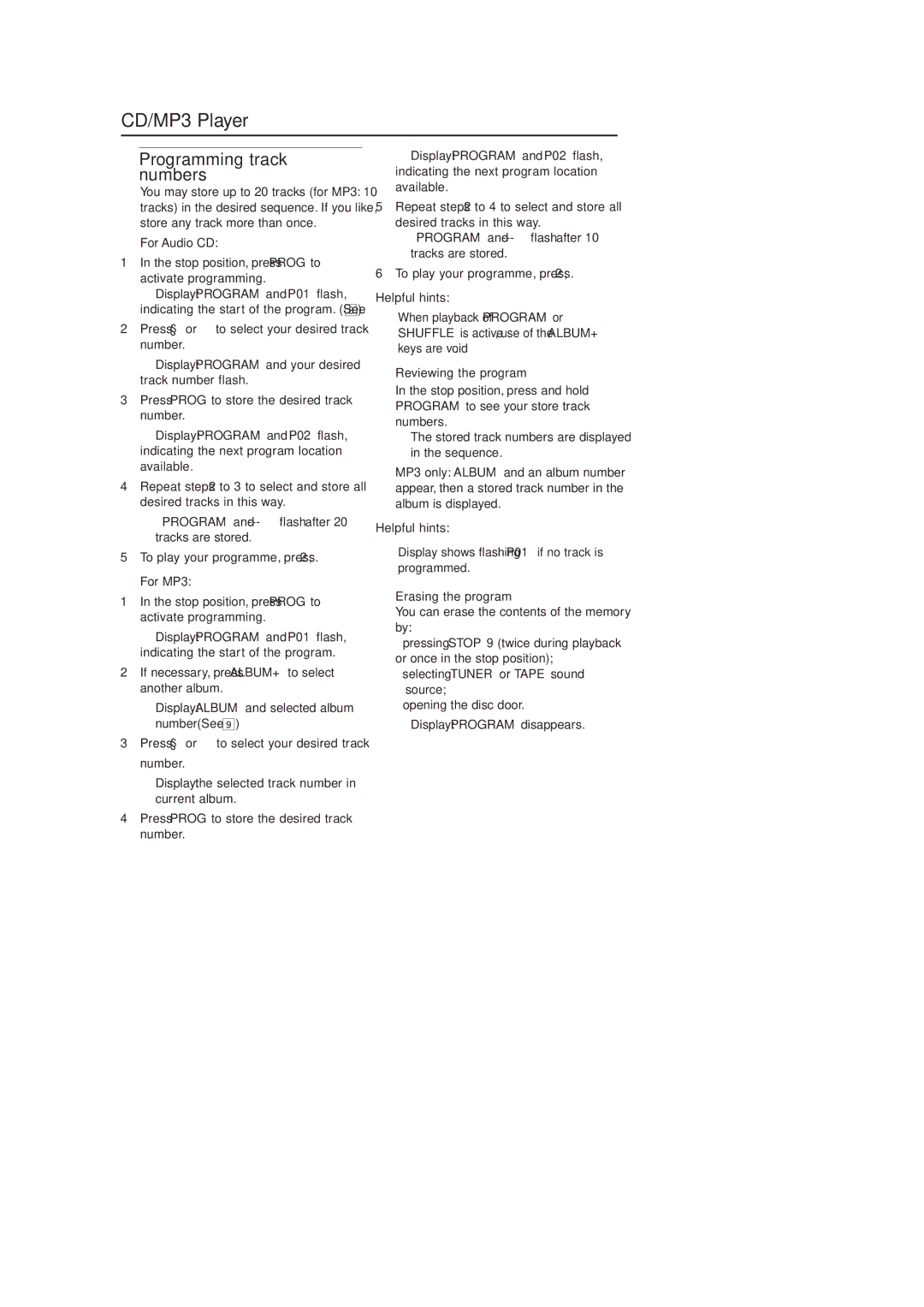 Philips AZ1037/37 quick start Programming track numbers, Reviewing the program, Erasing the program 