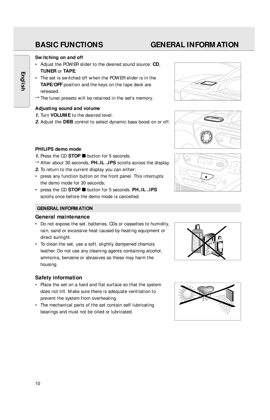 Philips AZ1040 manual Basic Functions, General Information, General maintenance, Safety information 