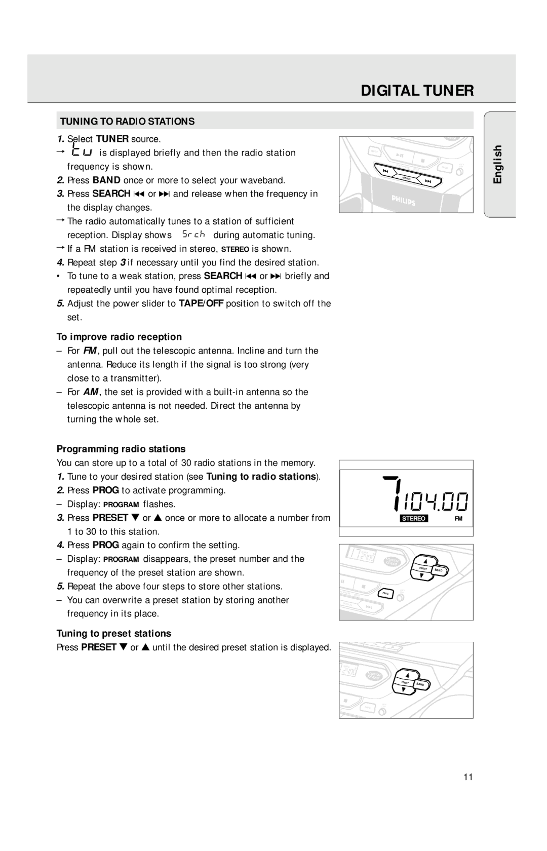 Philips AZ1040 manual Digital Tuner, Tuning to Radio Stations, To improve radio reception, Programming radio stations 