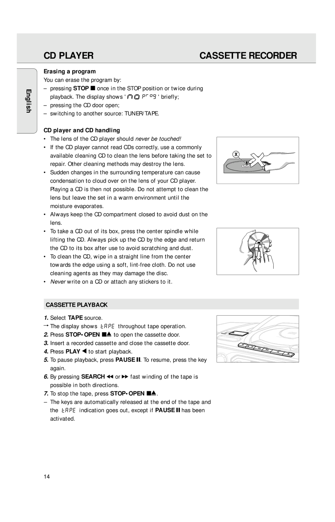 Philips AZ1040 manual Erasing a program, CD player and CD handling, Repair. Other cleaning methods may destroy the lens 