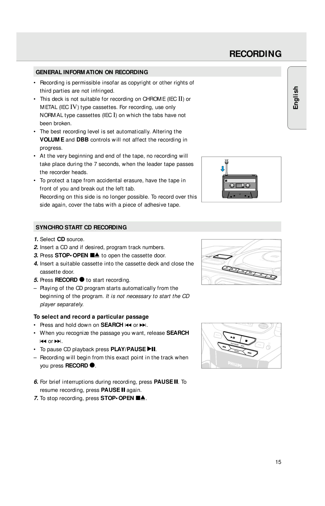 Philips AZ1040 General Information on Recording, Synchro Start CD Recording, To select and record a particular passage 