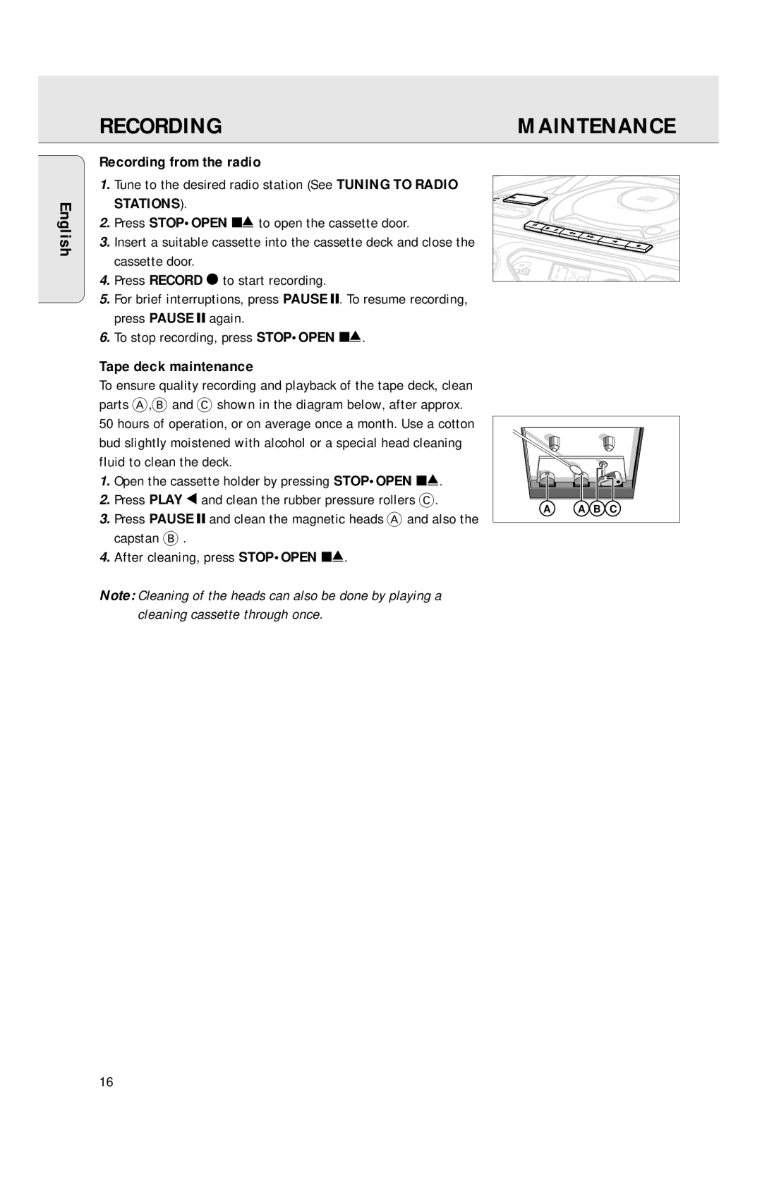 Philips AZ1040 manual Recording from the radio, Tape deck maintenance 