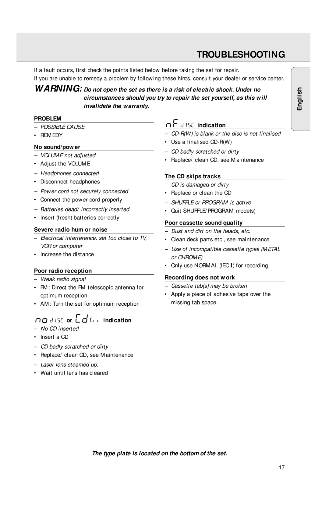 Philips AZ1040 manual Troubleshooting, Problem 