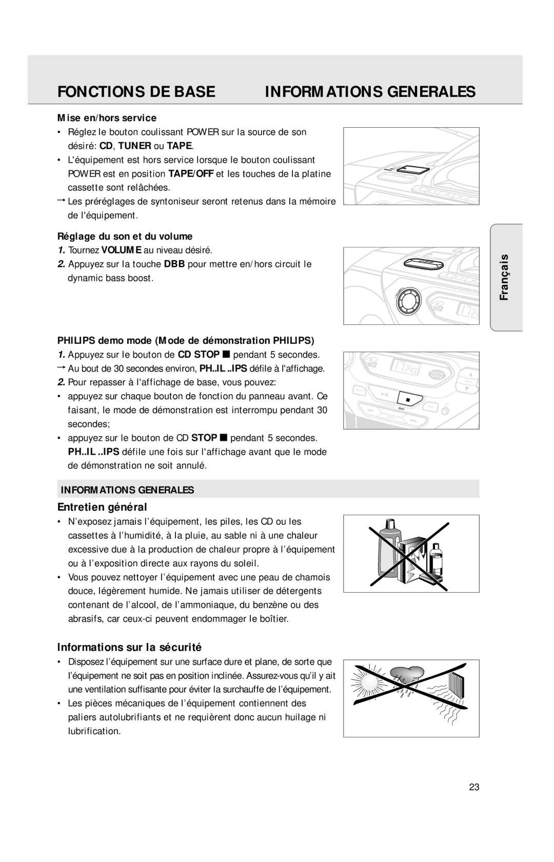 Philips AZ1040 manual Fonctions DE Base, Informations Generales, Entretien général, Informations sur la sécurité 