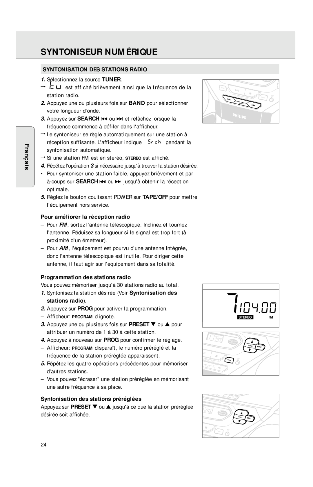 Philips AZ1040 manual Syntoniseur Numérique, Syntonisation DES Stations Radio, Pour améliorer la réception radio 