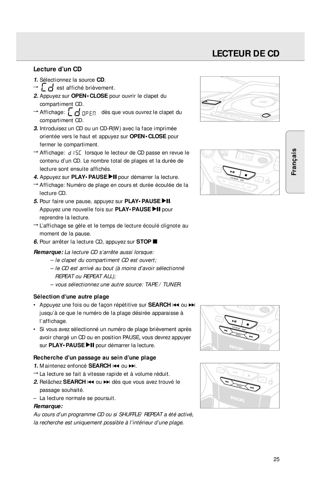 Philips AZ1040 Lecteur DE CD, Lecture d’un CD, Sélection d’une autre plage, Recherche d’un passage au sein d’une plage 