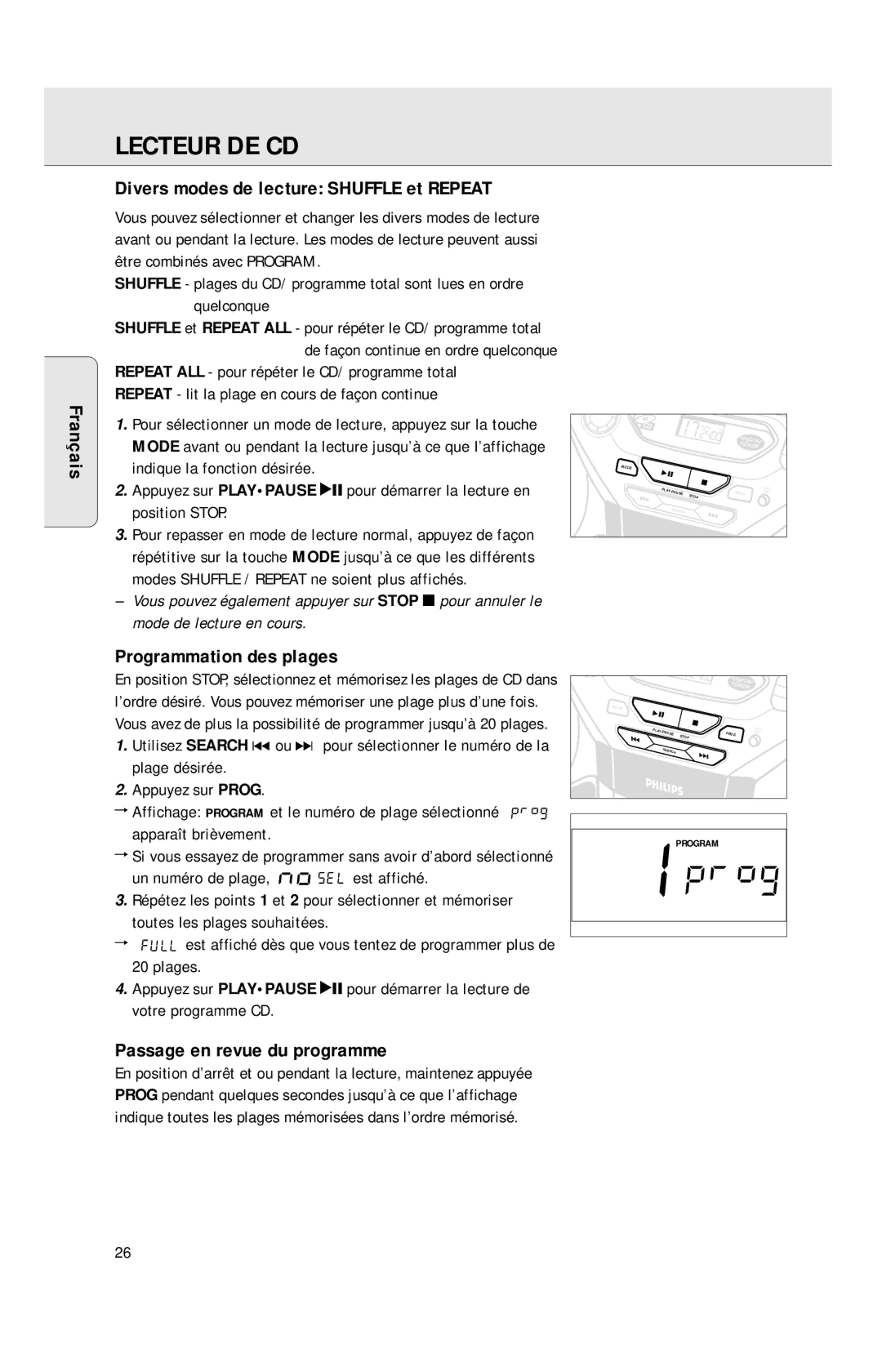 Philips AZ1040 manual Divers modes de lecture Shuffle et Repeat, Programmation des plages, Passage en revue du programme 