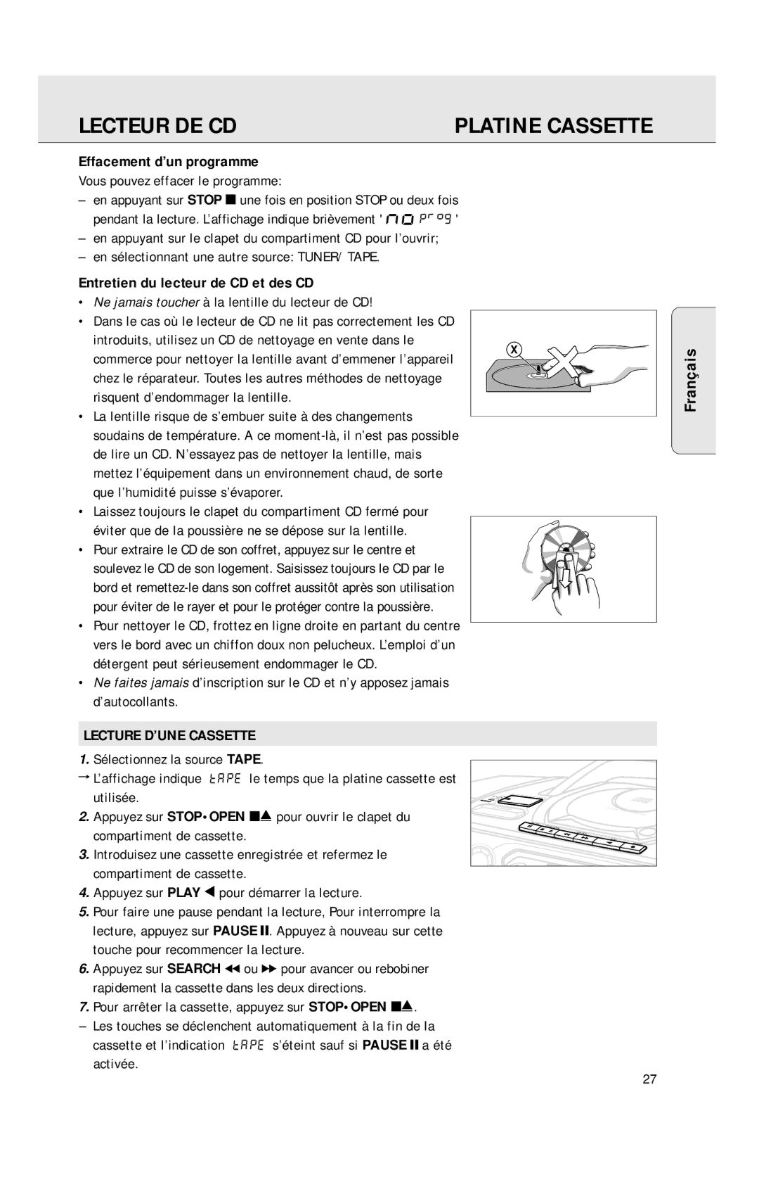 Philips AZ1040 manual Platine Cassette, Effacement d’un programme, Entretien du lecteur de CD et des CD, Français 