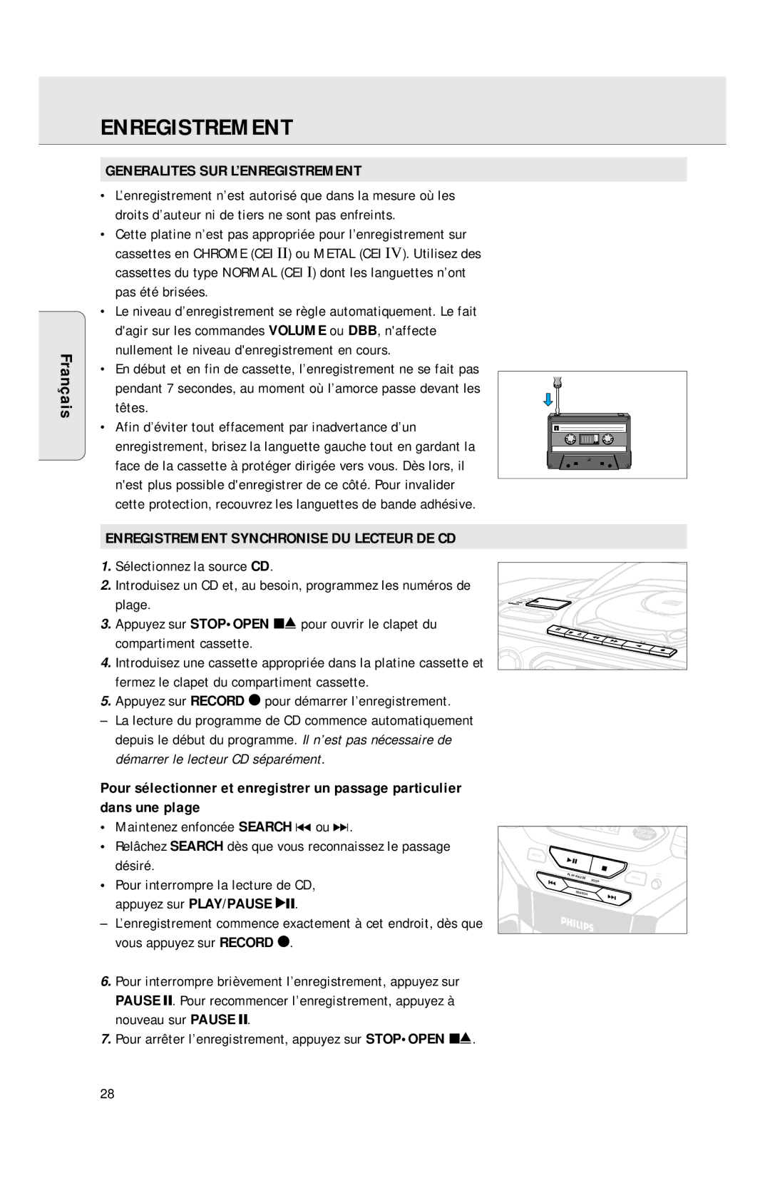 Philips AZ1040 Enregistrement, Generalites SUR L’ENREGISTREMENT, Têtes Afin d’éviter tout effacement par inadvertance d’un 