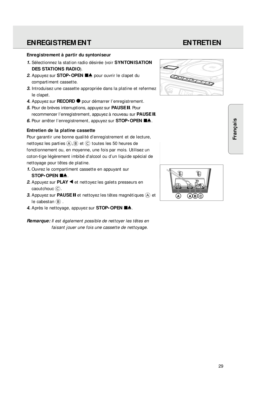 Philips AZ1040 manual Çais, Enregistrement à partir du syntoniseur, Entretien de la platine cassette, Fran 