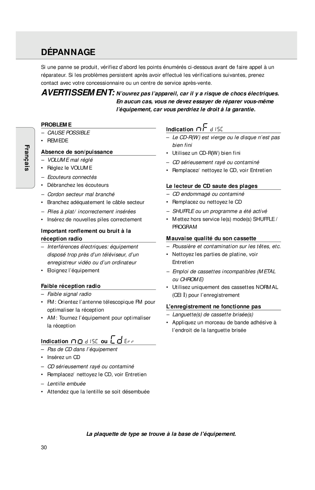 Philips AZ1040 manual Dépannage, Probleme 