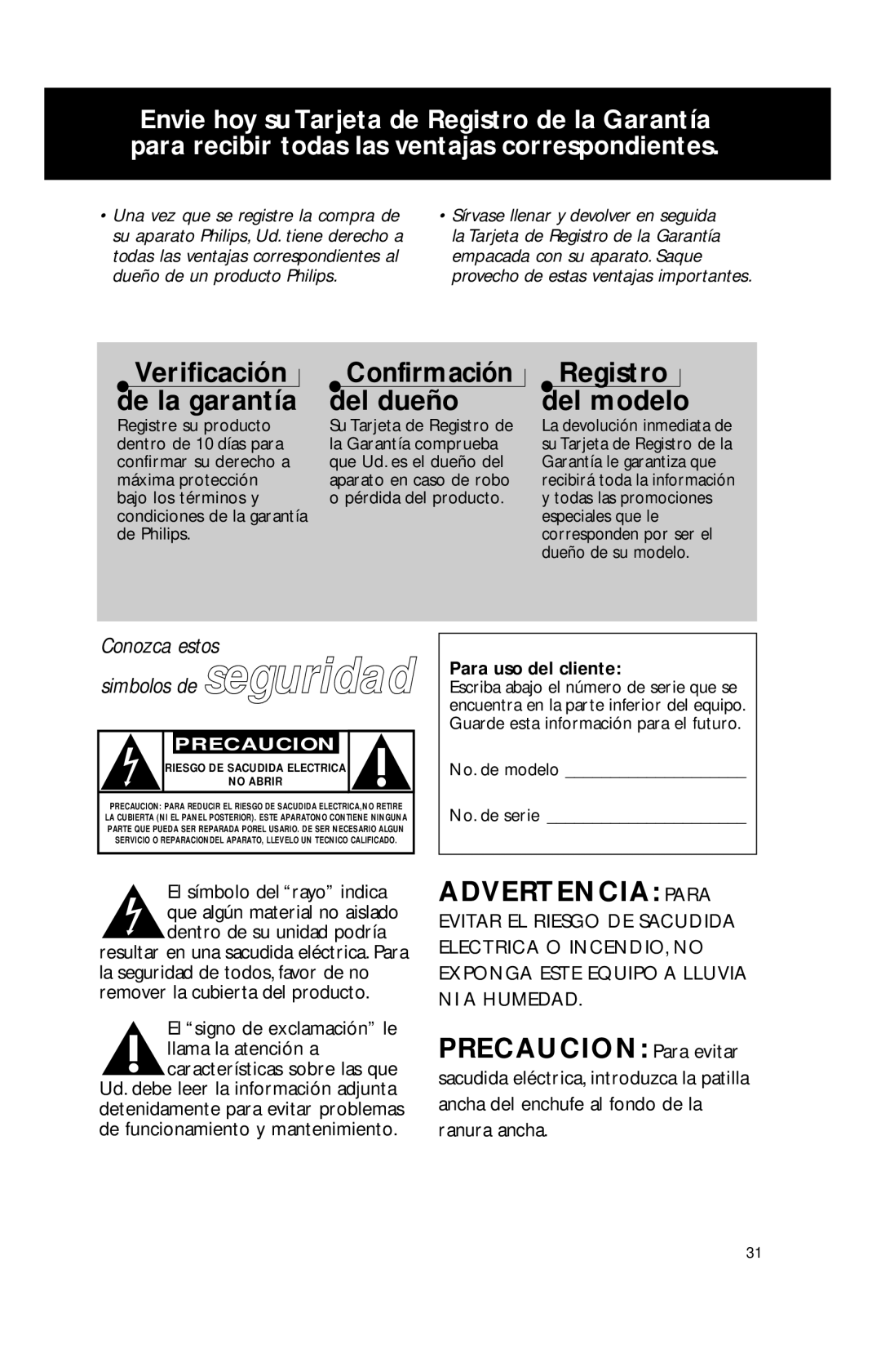 Philips AZ1040 manual Advertencia Para, Para uso del cliente, No. de modelo No. de serie 