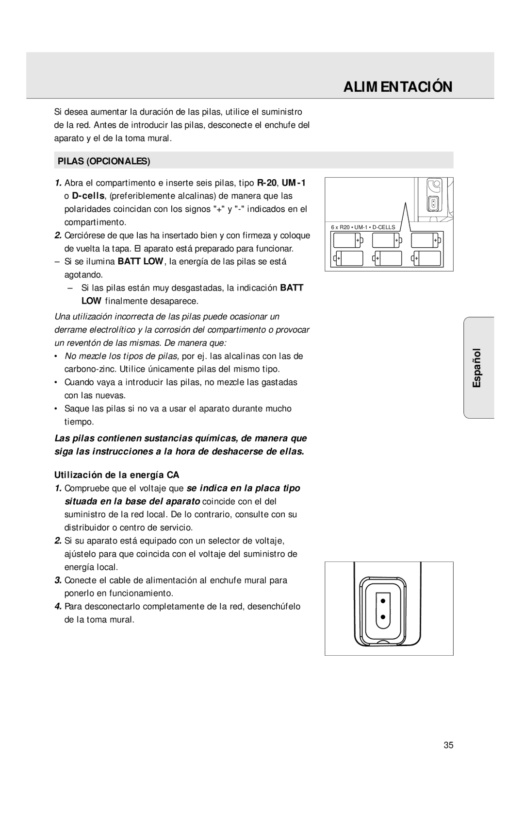 Philips AZ1040 manual Alimentación, Pilas Opcionales, Utilización de la energía CA 