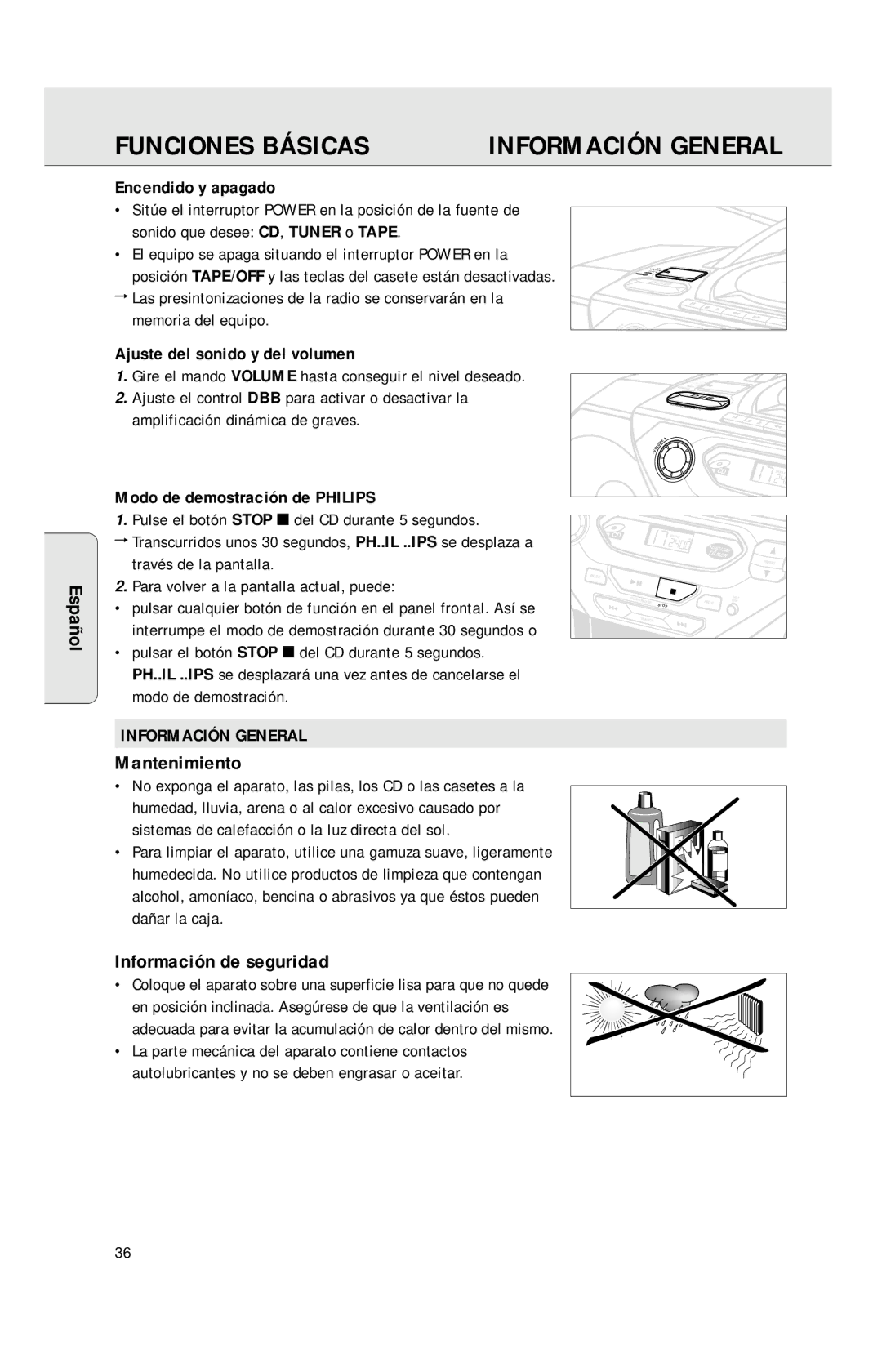 Philips AZ1040 manual Funciones Básicas, Información General, Mantenimiento, Información de seguridad 