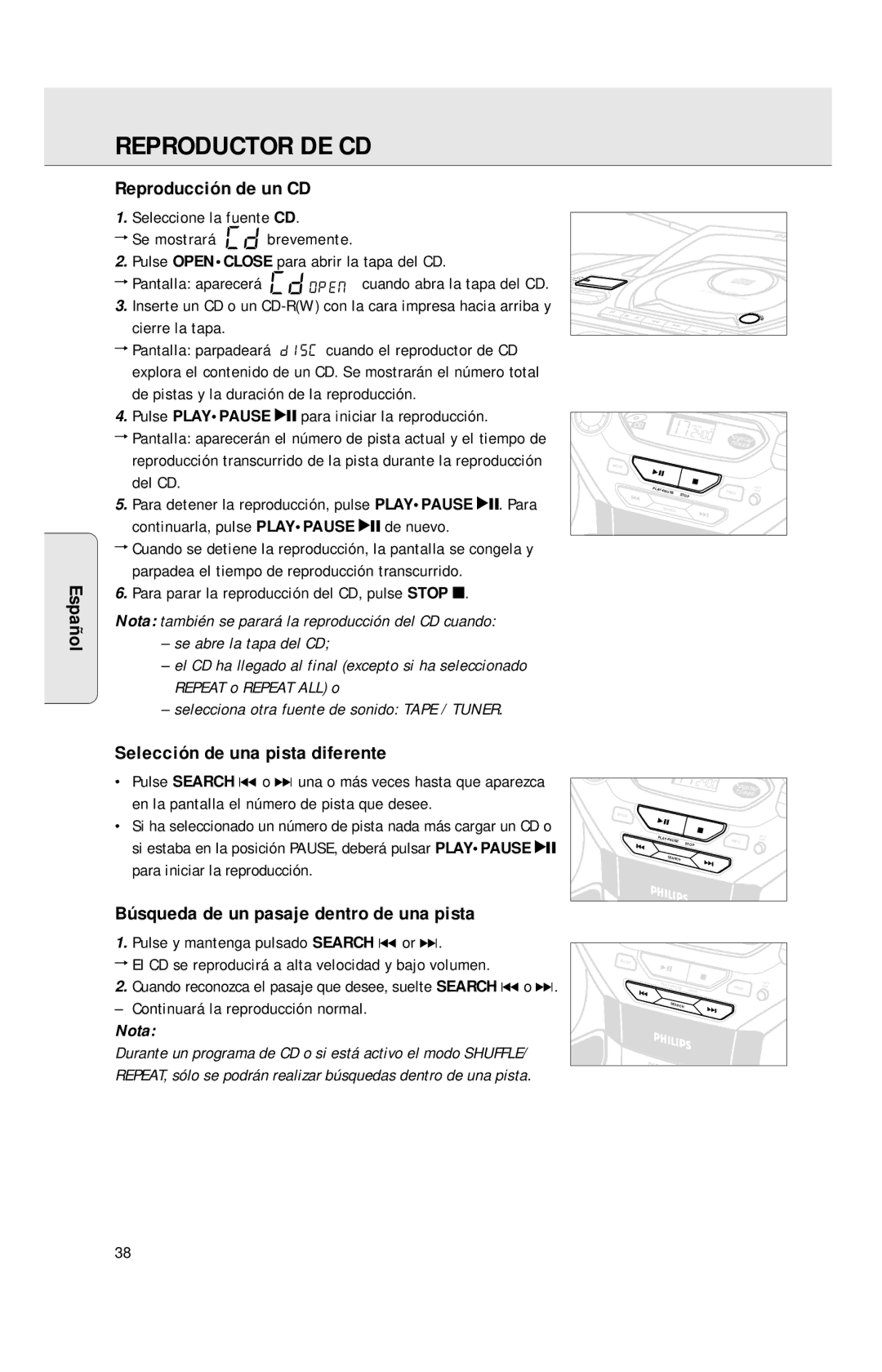 Philips AZ1040 manual Reproductor DE CD, Reproducción de un CD, Selección de una pista diferente 