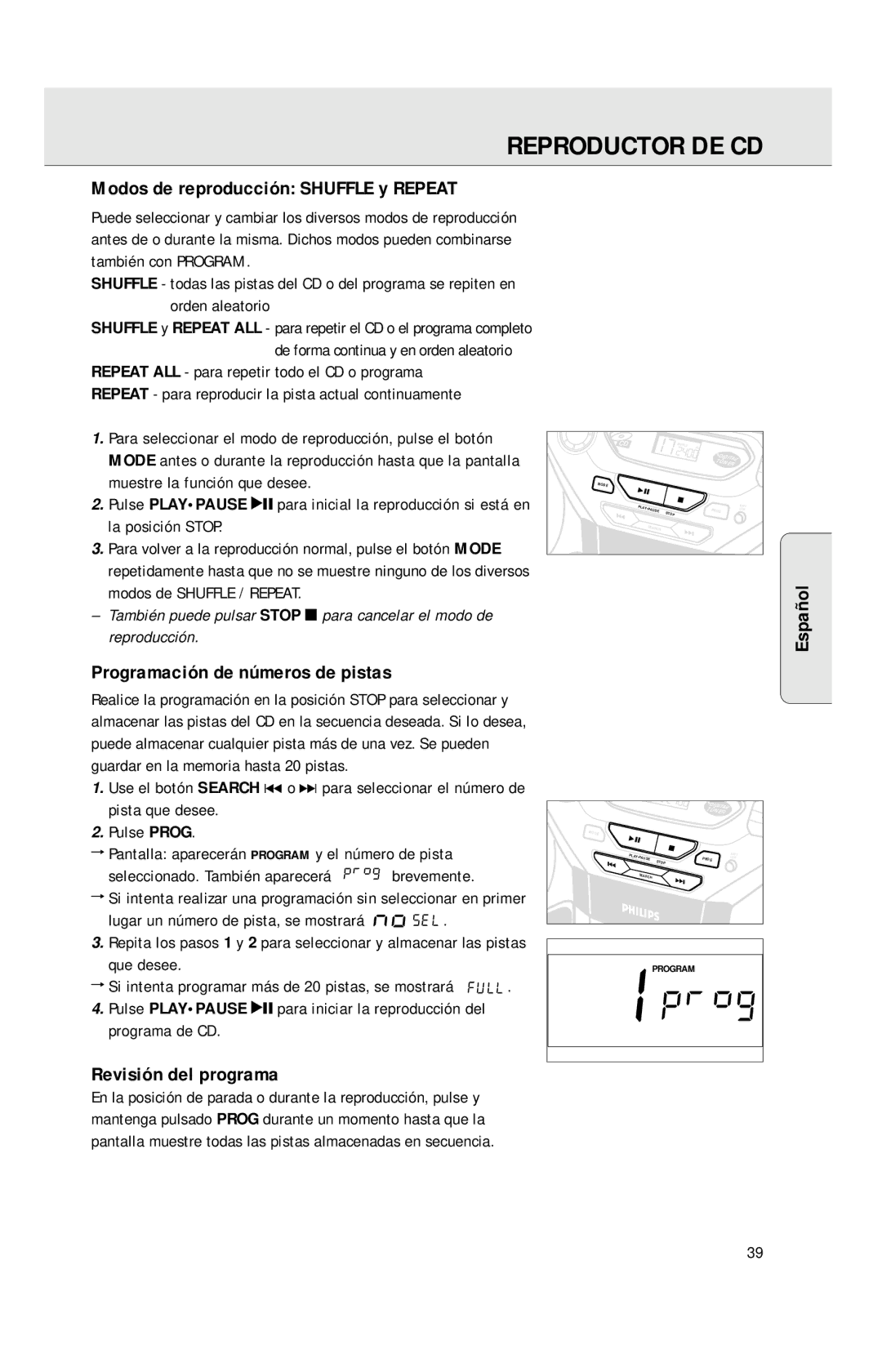 Philips AZ1040 manual Modos de reproducción Shuffle y Repeat, Programación de números de pistas, Revisión del programa 