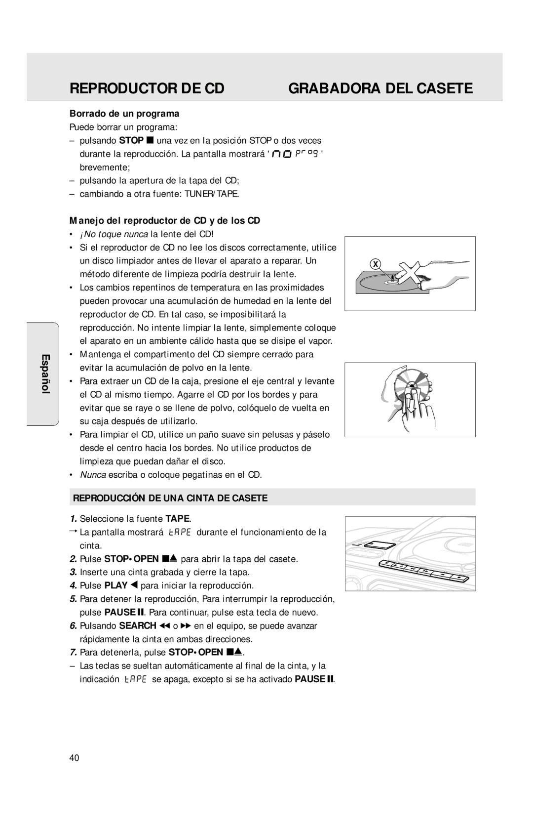 Philips AZ1040 manual Grabadora DEL Casete, Borrado de un programa, Manejo del reproductor de CD y de los CD 