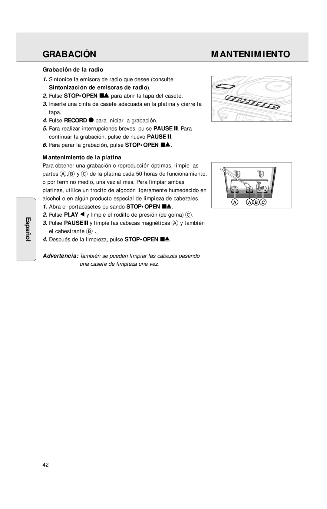 Philips AZ1040 manual Grabación de la radio, Mantenimiento de la platina 