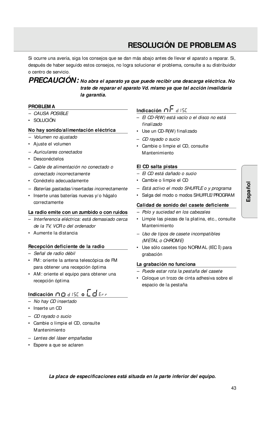 Philips AZ1040 manual Resolución DE Problemas 