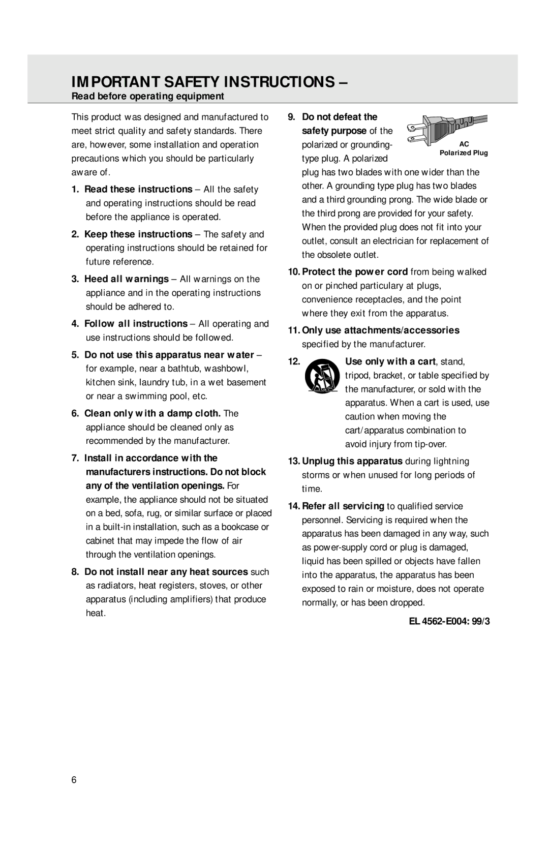 Philips AZ1040 Important Safety Instructions, Read before operating equipment, Type plug. a polarized, EL 4562-E004 99/3 