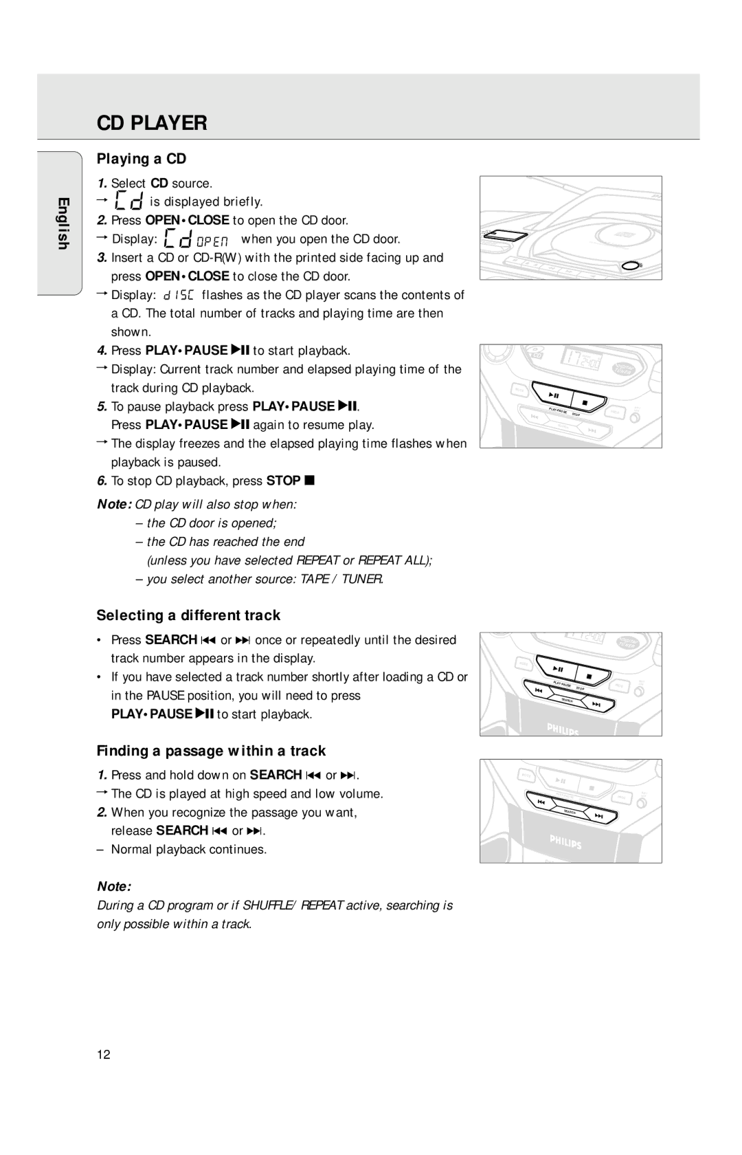 Philips AZ1040 manual CD Player, Playing a CD, Selecting a different track, Finding a passage within a track 