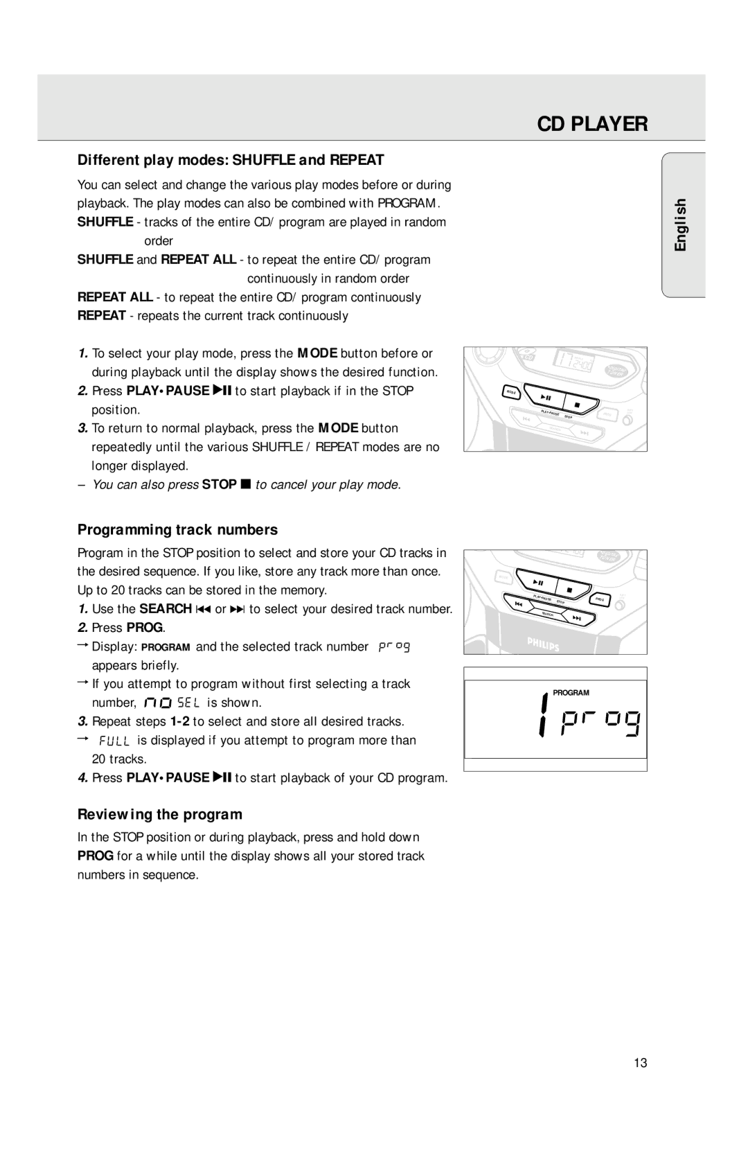 Philips AZ1040 manual Different play modes Shuffle and Repeat, Programming track numbers, Reviewing the program 