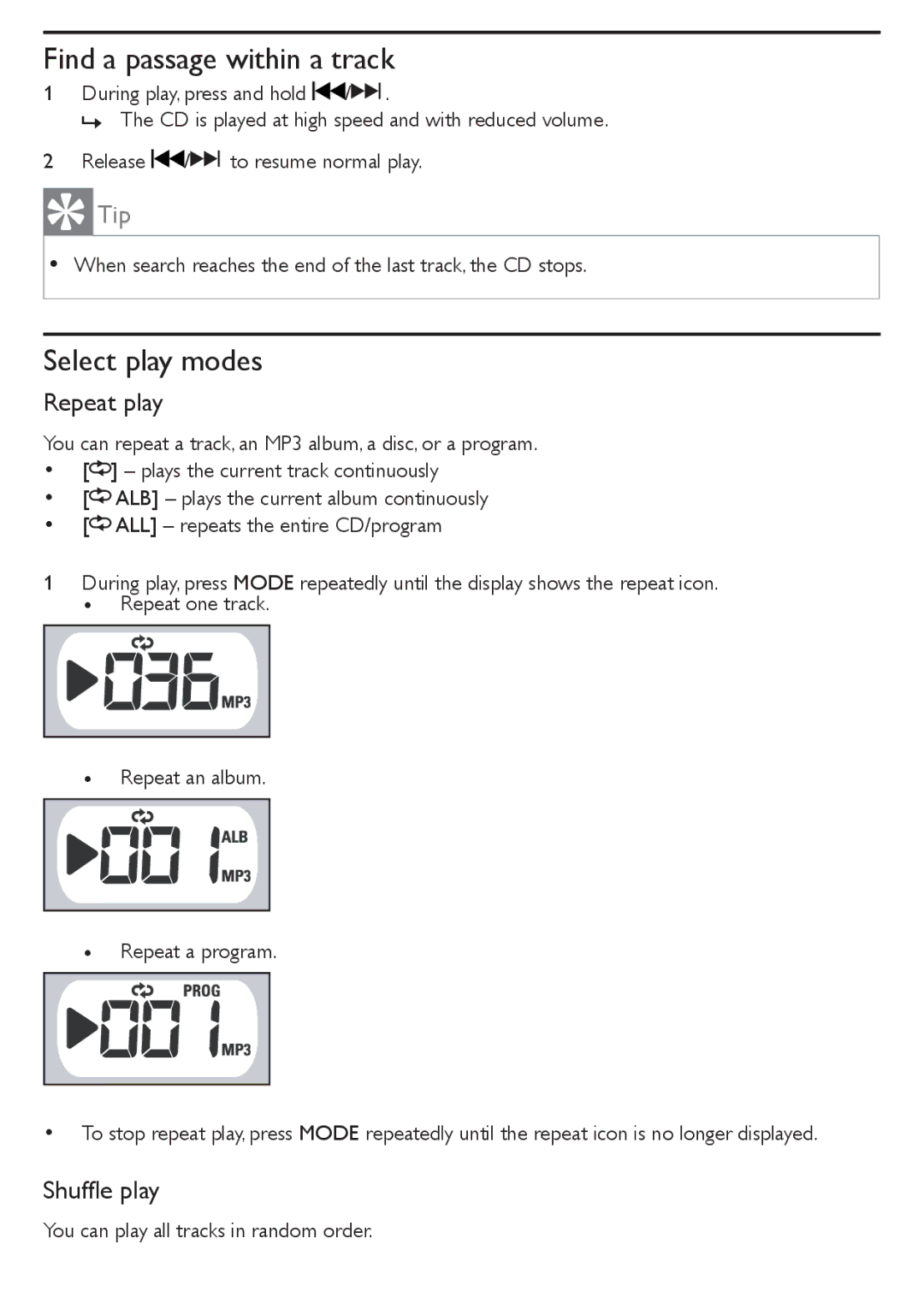 Philips AZ1046/12 user manual Find a passage within a track, Select play modes, Repeat play, Shufﬂe play 