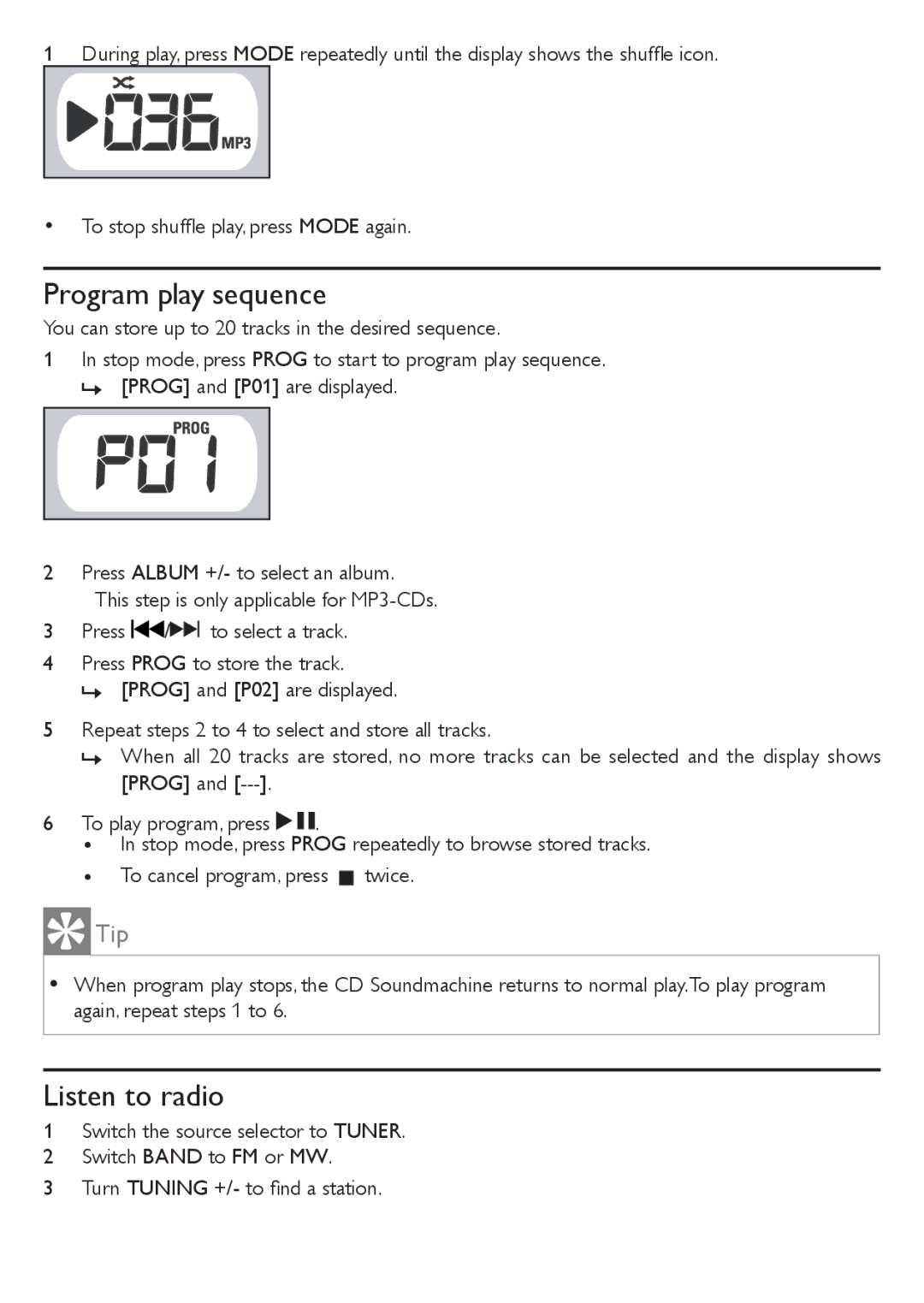 Philips AZ1046/12 user manual Program play sequence, Listen to radio 