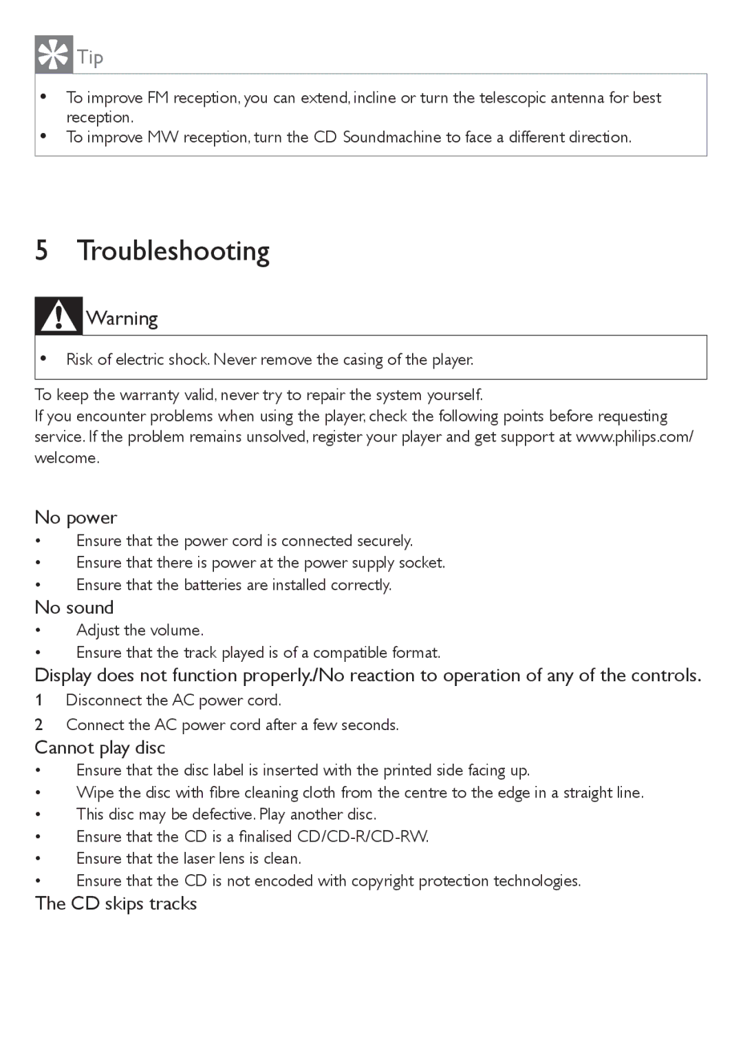 Philips AZ1046/12 user manual Troubleshooting, No power, No sound, Cannot play disc, CD skips tracks 