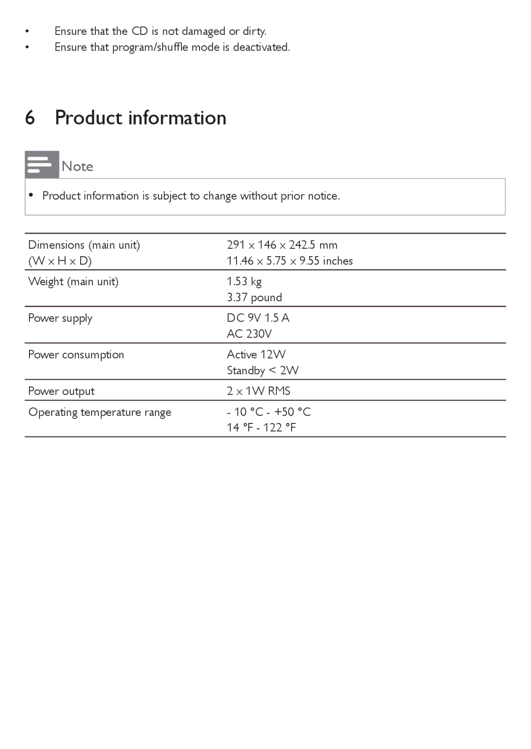 Philips AZ1046/12 user manual Product information 