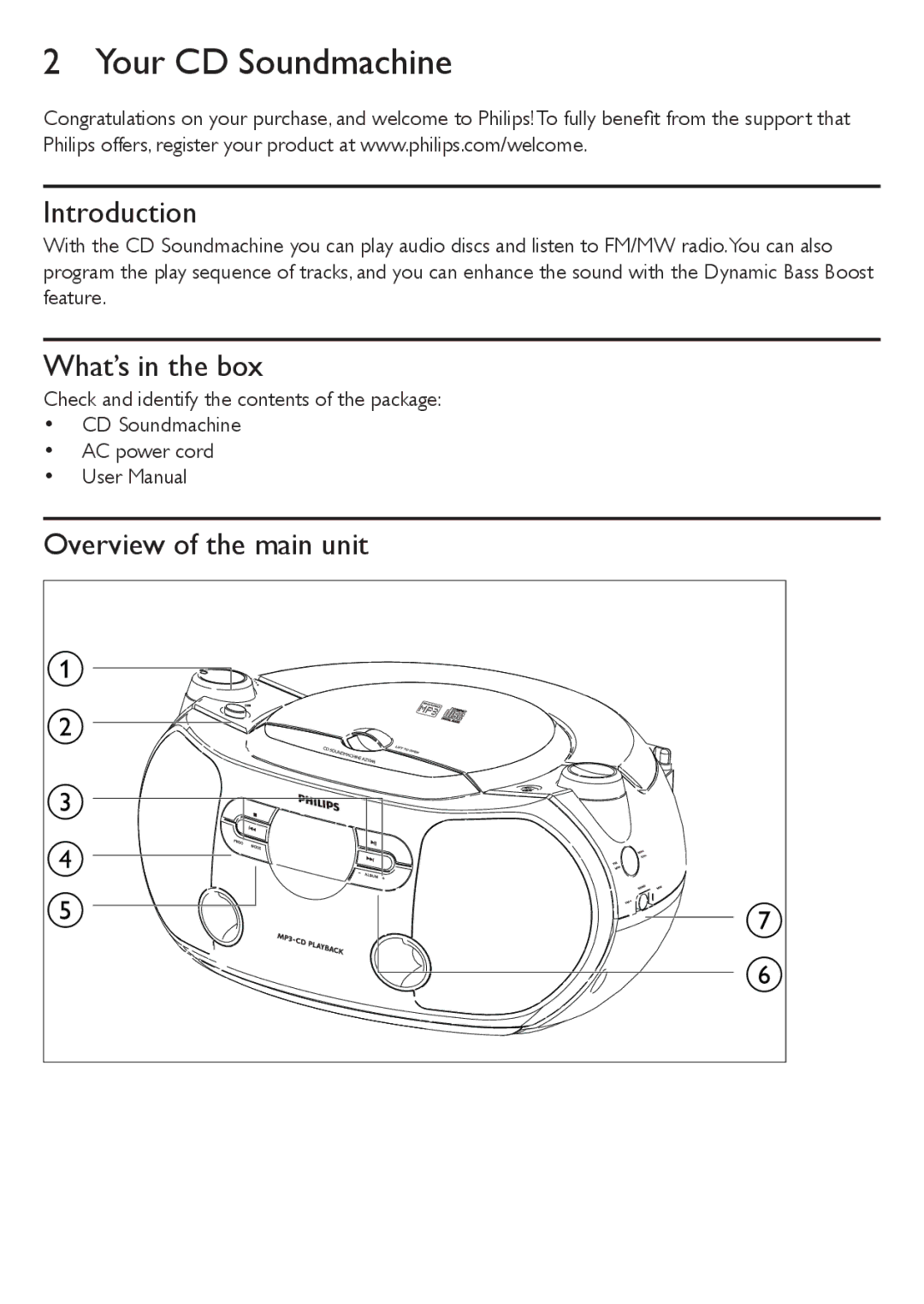 Philips AZ1046/12 user manual Your CD Soundmachine, Introduction, What’s in the box, Overview of the main unit 