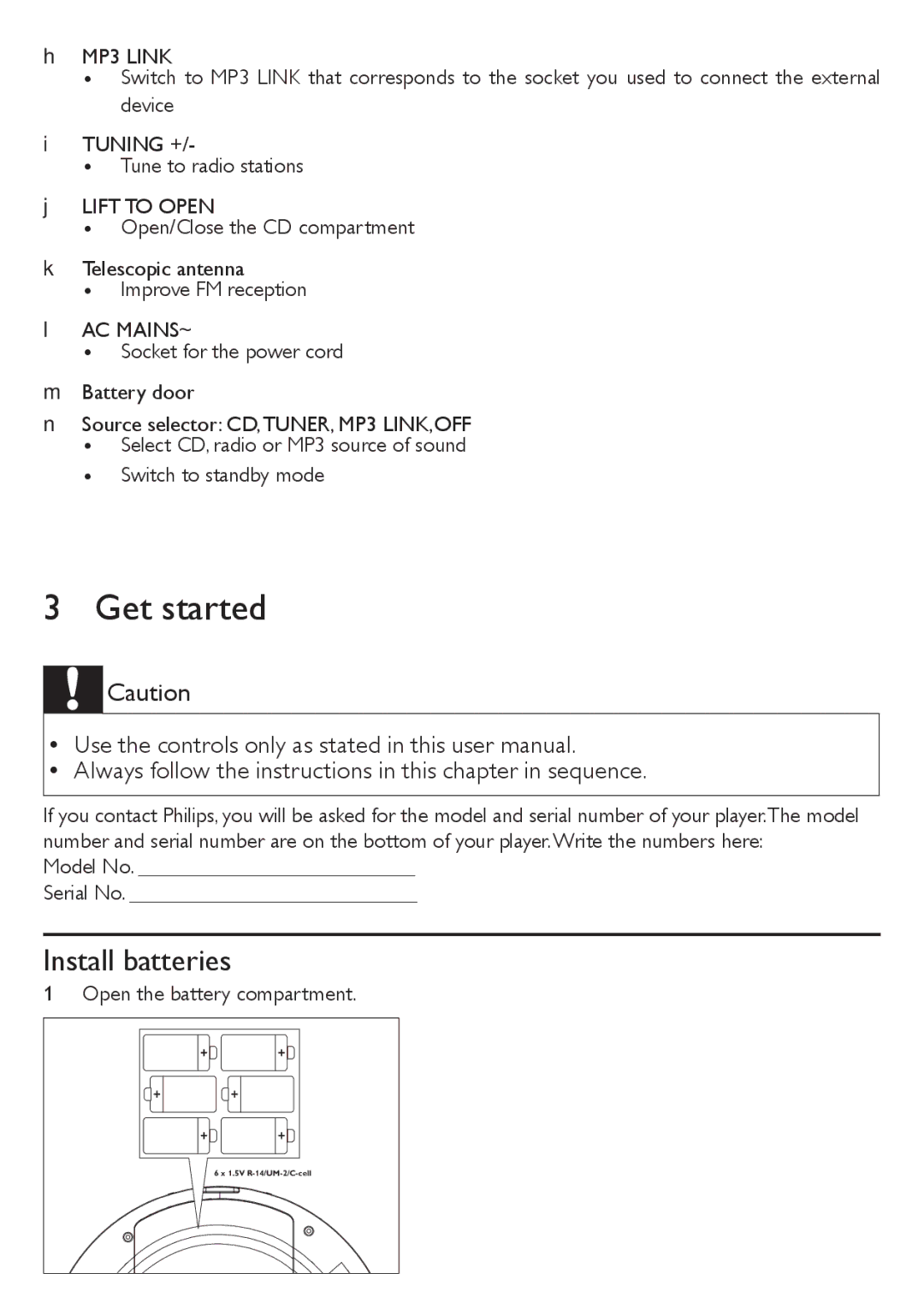 Philips AZ1046/12 user manual Get started, Install batteries, Always follow the instructions in this chapter in sequence 