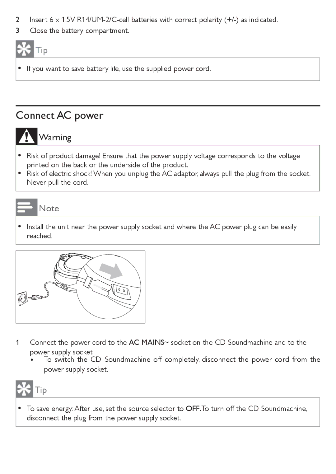 Philips AZ1046/12 user manual Connect AC power 