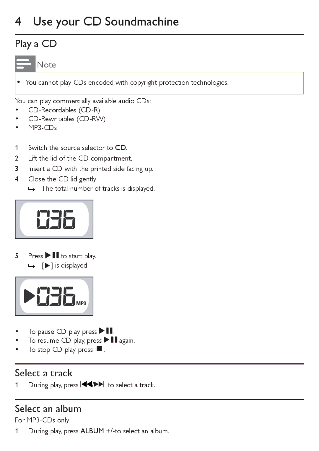 Philips AZ1046/12 user manual Use your CD Soundmachine, Play a CD, Select a track, Select an album 