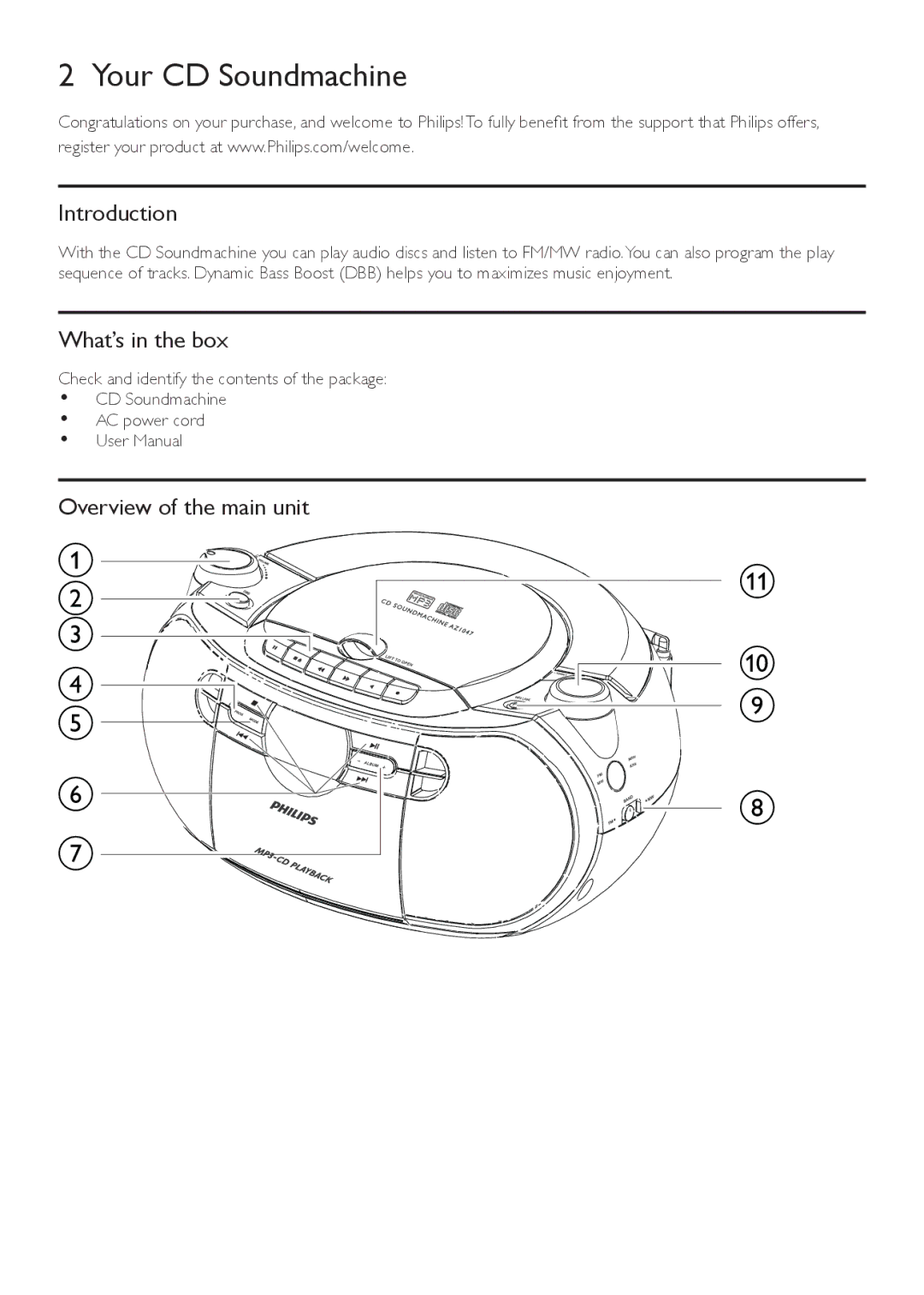 Philips AZ1047 user manual Your CD Soundmachine, Introduction, What’s in the box, Overview of the main unit 