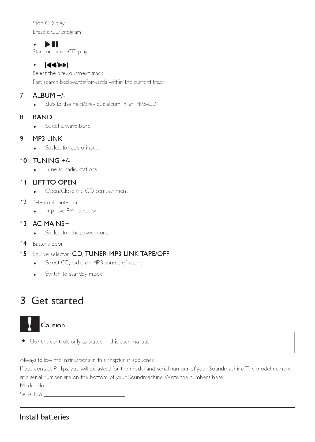 Philips AZ1047 user manual Get started, Install batteries 