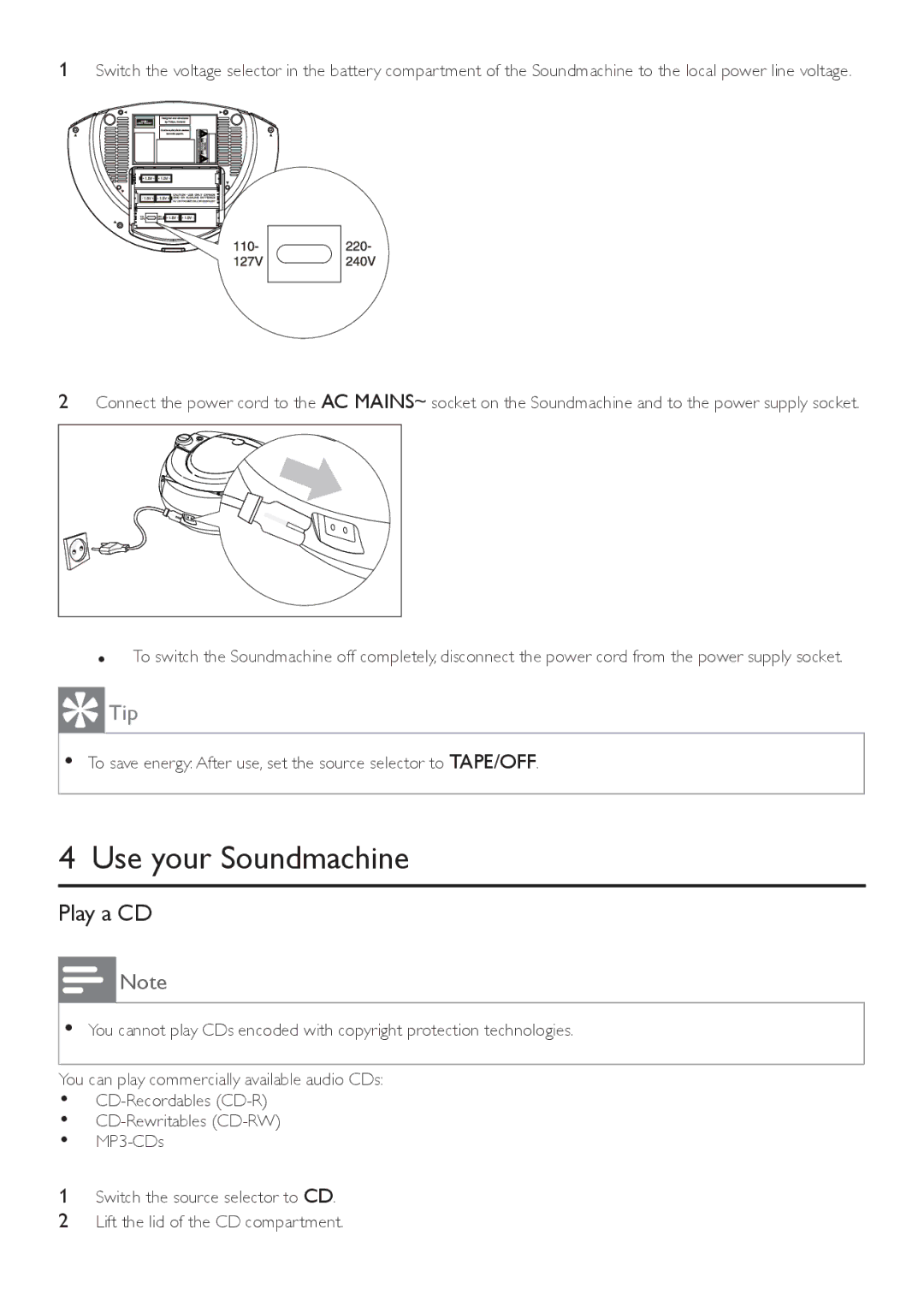 Philips AZ1047 user manual Use your Soundmachine, Play a CD 