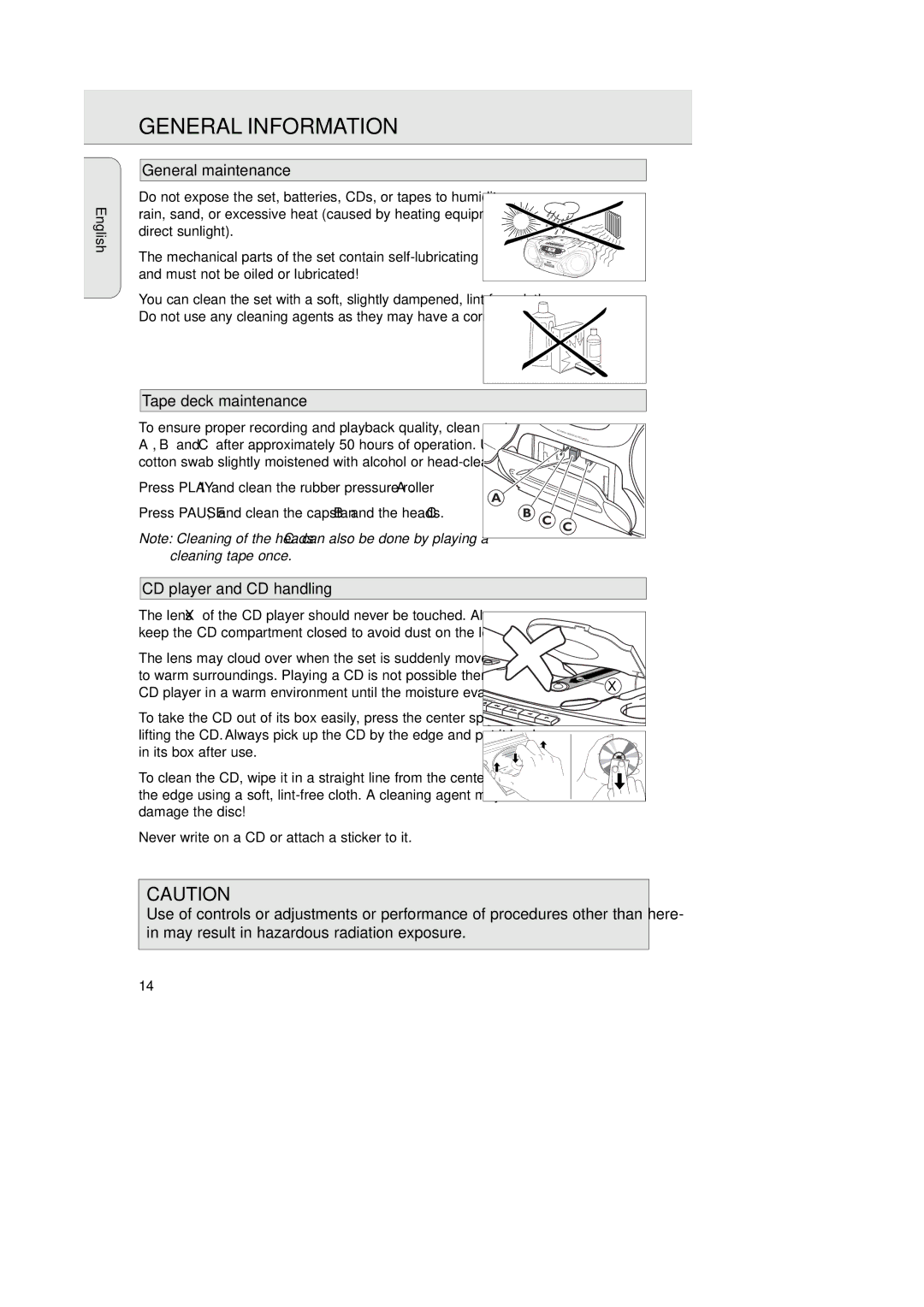 Philips AZ1050 manual General Information, General maintenance, Tape deck maintenance, CD player and CD handling 