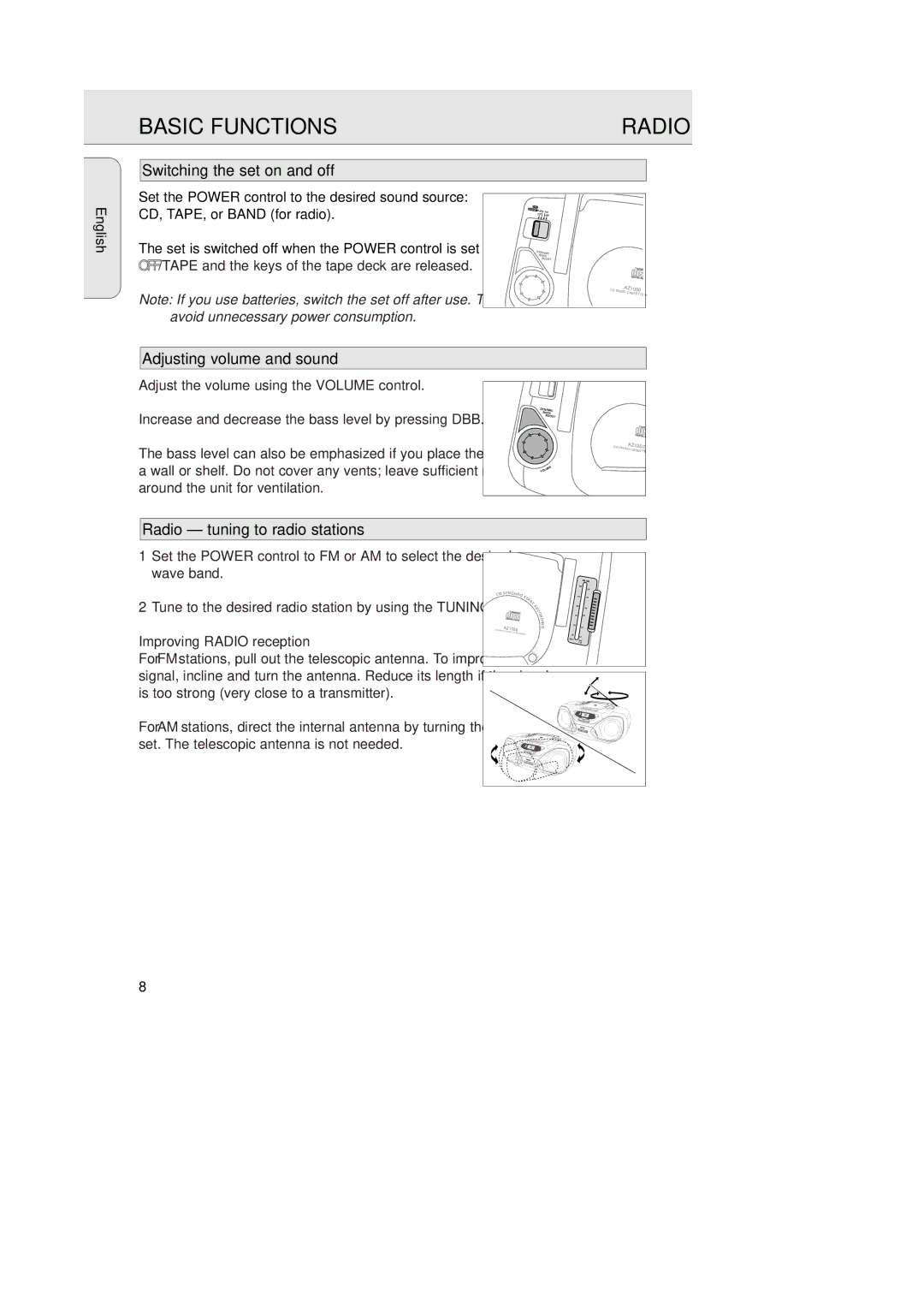 Philips AZ1050 Basic Functions, Switching the set on and off, Adjusting volume and sound, Radio tuning to radio stations 