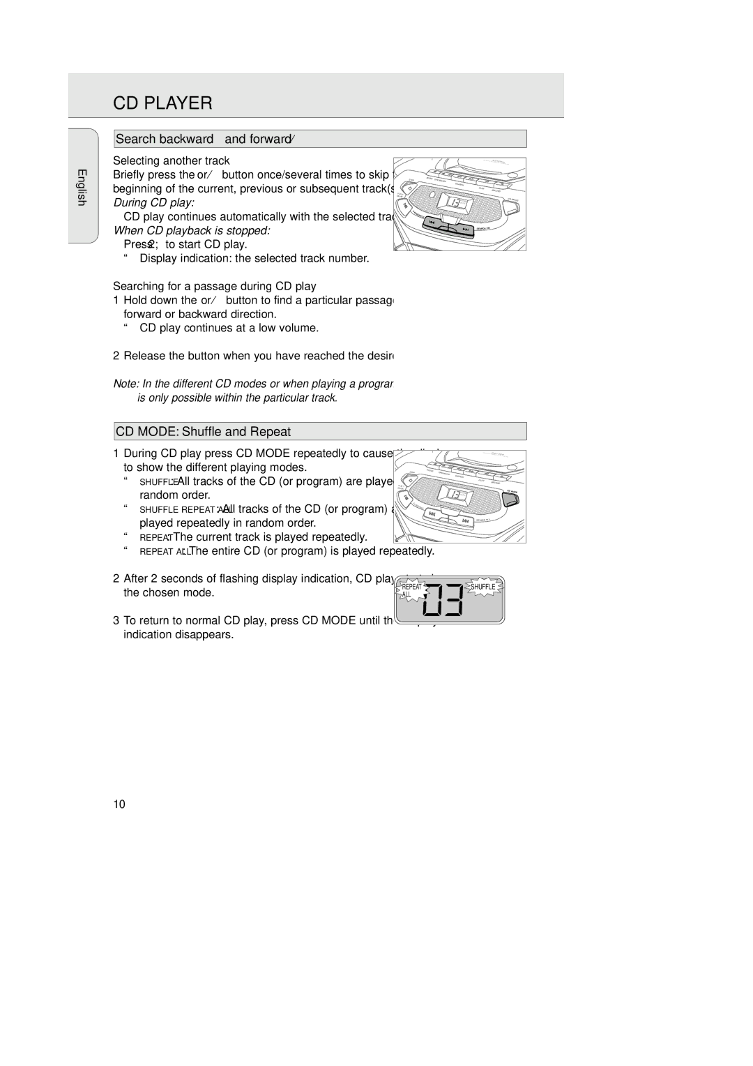 Philips AZ1050 manual Search backward and forward ¤, CD Mode Shuffle and Repeat, Selecting another track, Chosen mode 