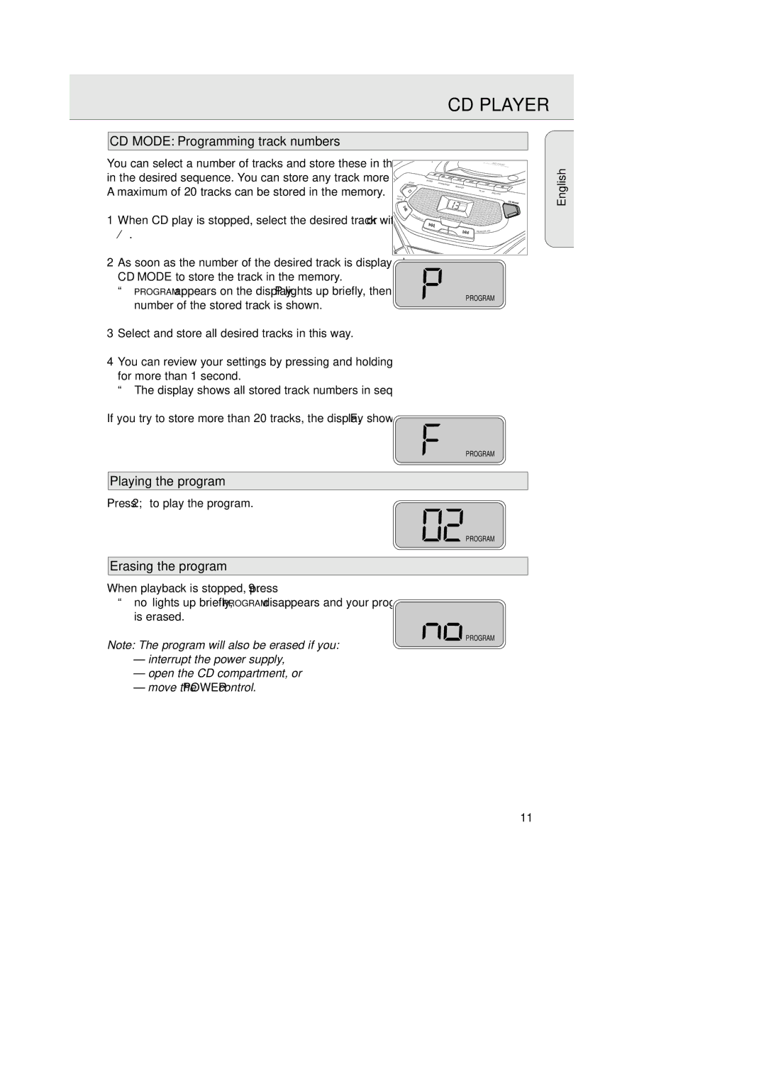 Philips AZ1050 manual CD Mode Programming track numbers, Playing the program, Erasing the program 