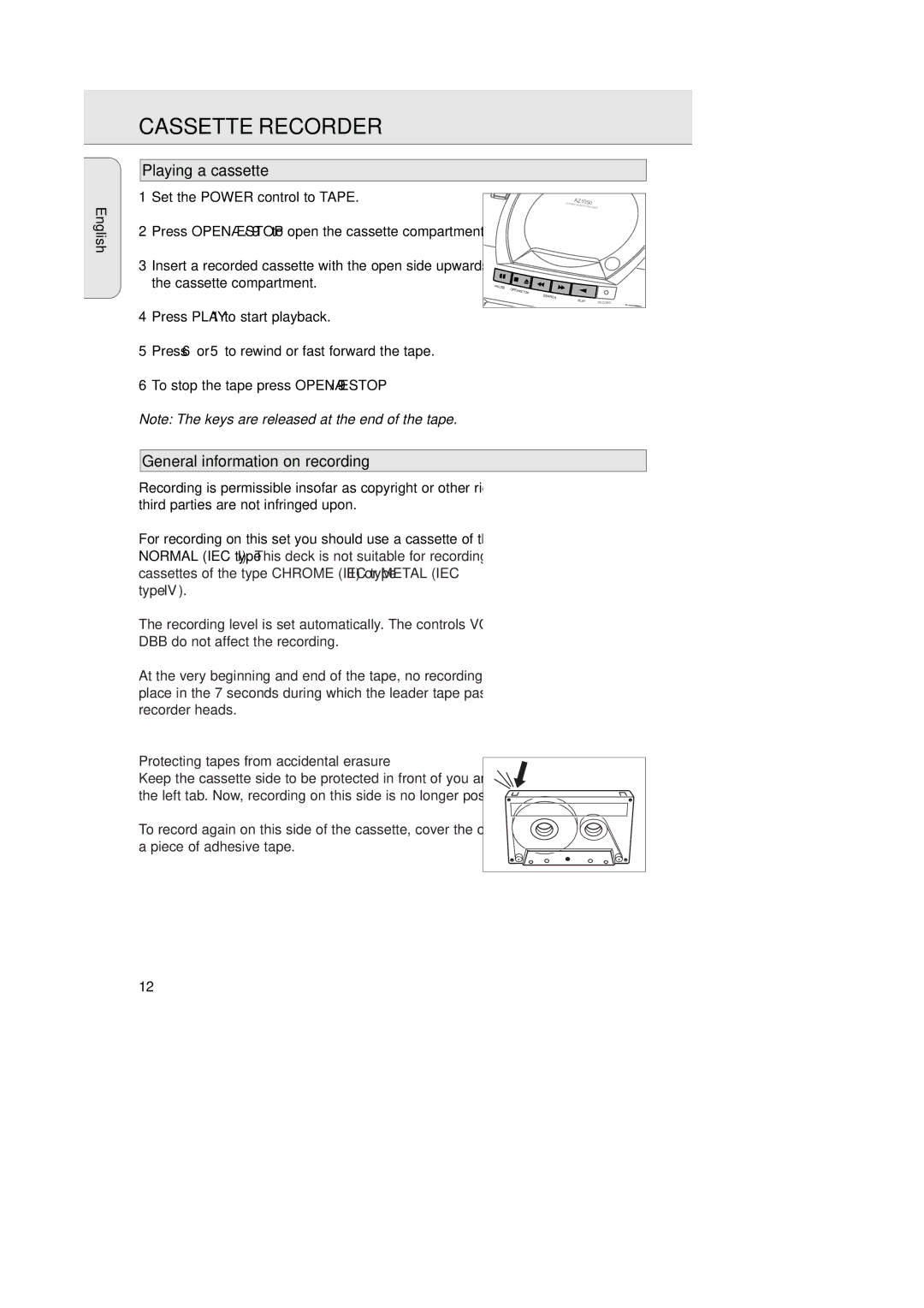 Philips AZ1050 manual General information on recording, Protecting tapes from accidental erasure 