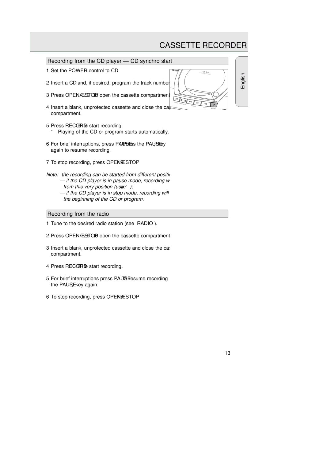 Philips AZ1050 manual Recording from the CD player CD synchro start, Recording from the radio 