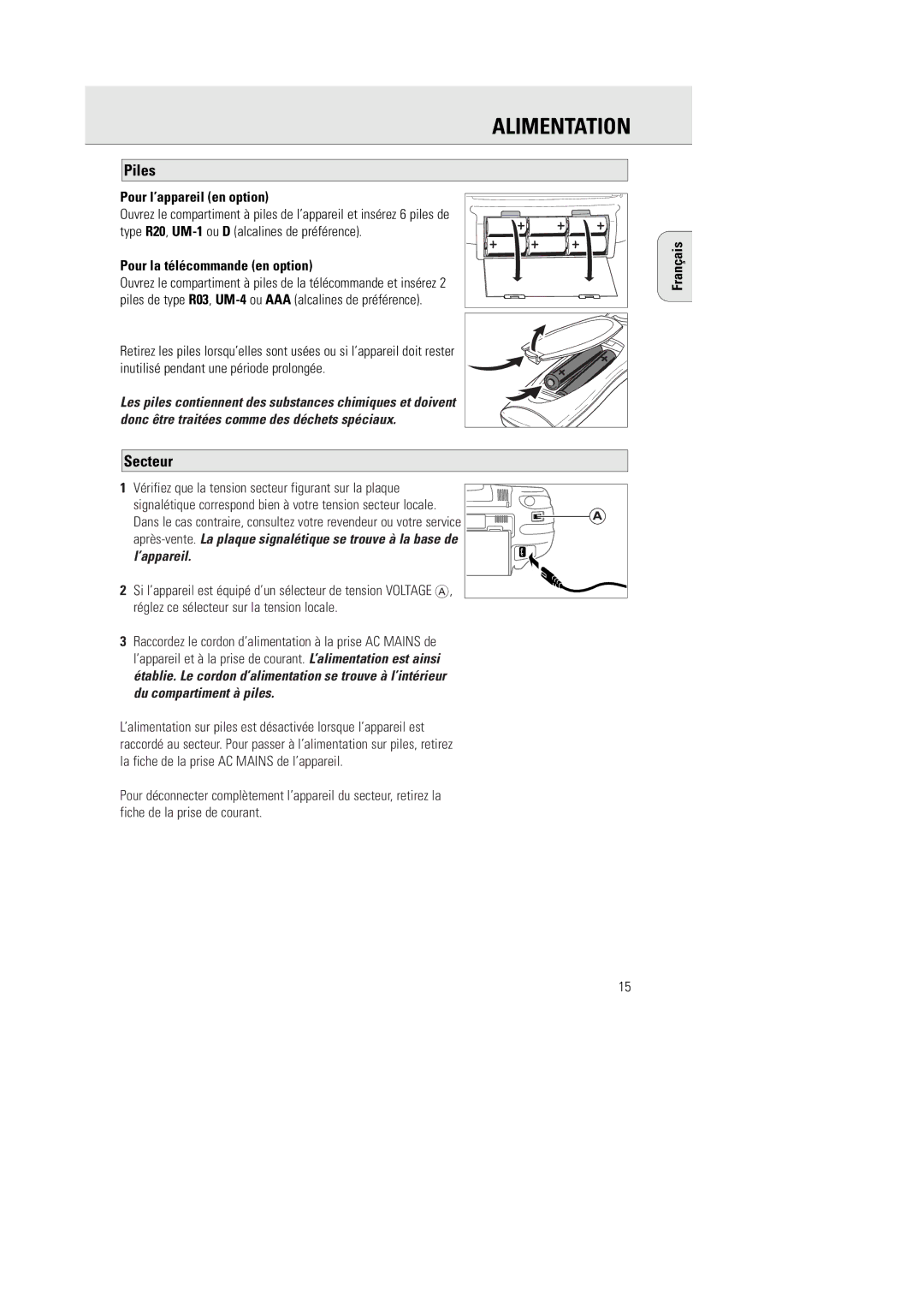 Philips AZ1055 manual Alimentation, Piles, Secteur 